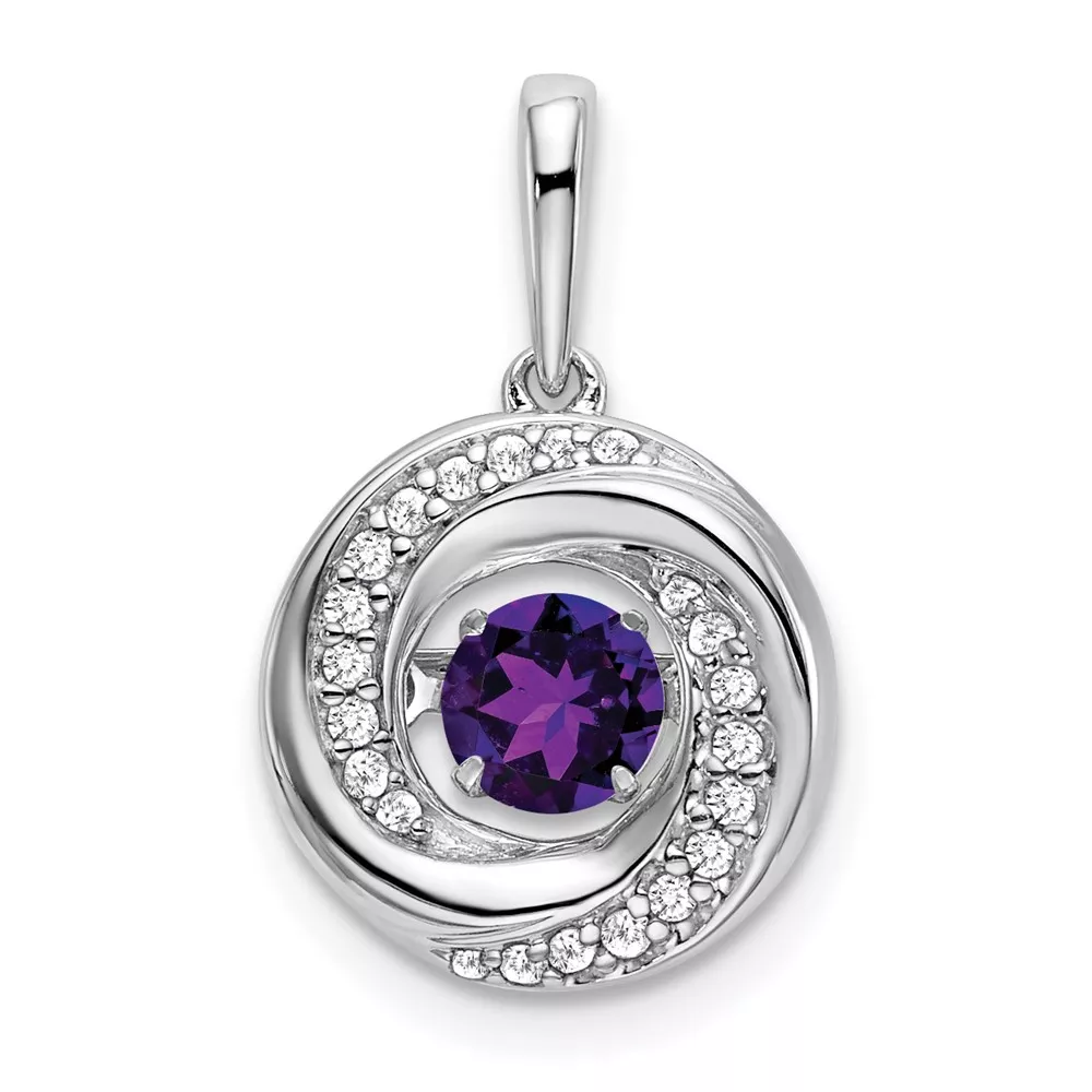 14k White Gold 4.5mm Round Moving Vibrant Amethyst and Diamond Pendant