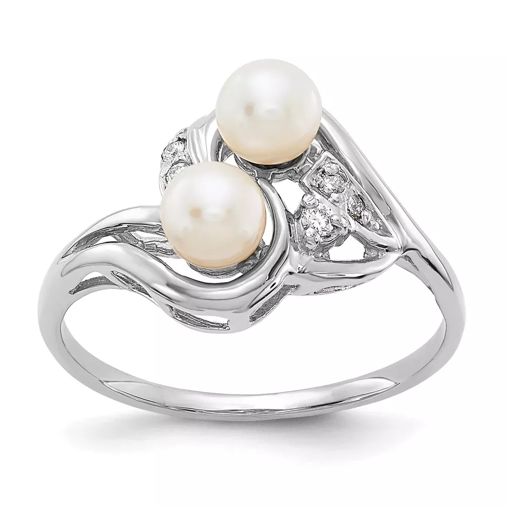 14k White Gold 4mm FW Cultured Pearl AA Real Diamond ring