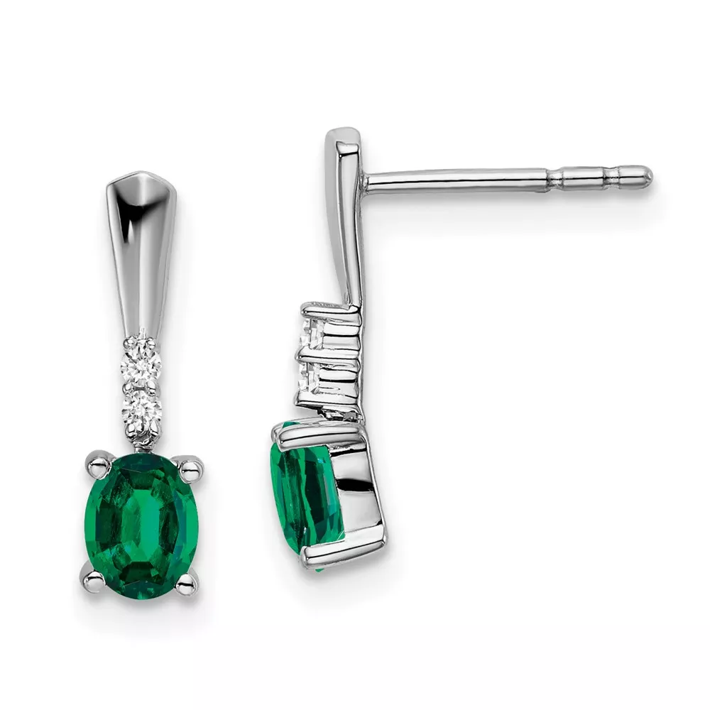 14k White Gold 5×3 Oval May/Lab Created Emerald and Diamond Dangle Post Earrings