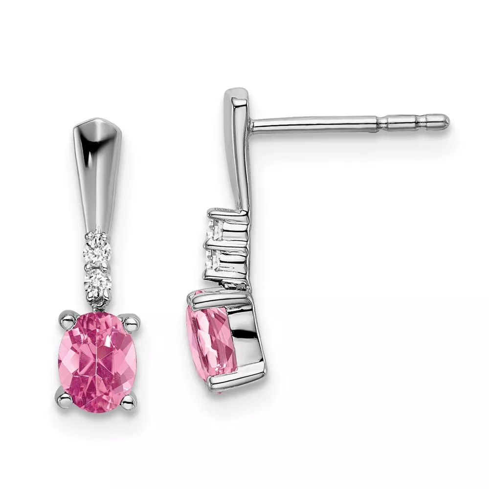 14k White Gold 5×3 Oval October/Pink Tourmaline and Diamond Dangle Post Earrings