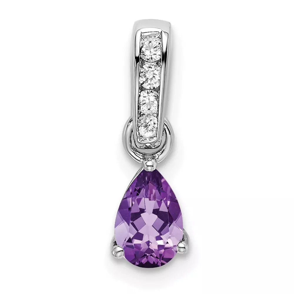 14k White Gold 6×4 Pear February/Amethyst and Diamond Pendant
