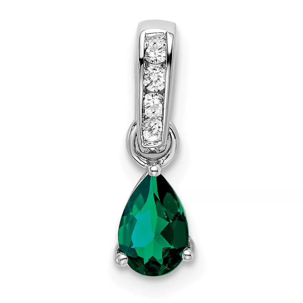 14k White Gold 6×4 Pear May/Lab Created Emerald and Diamond Pendant