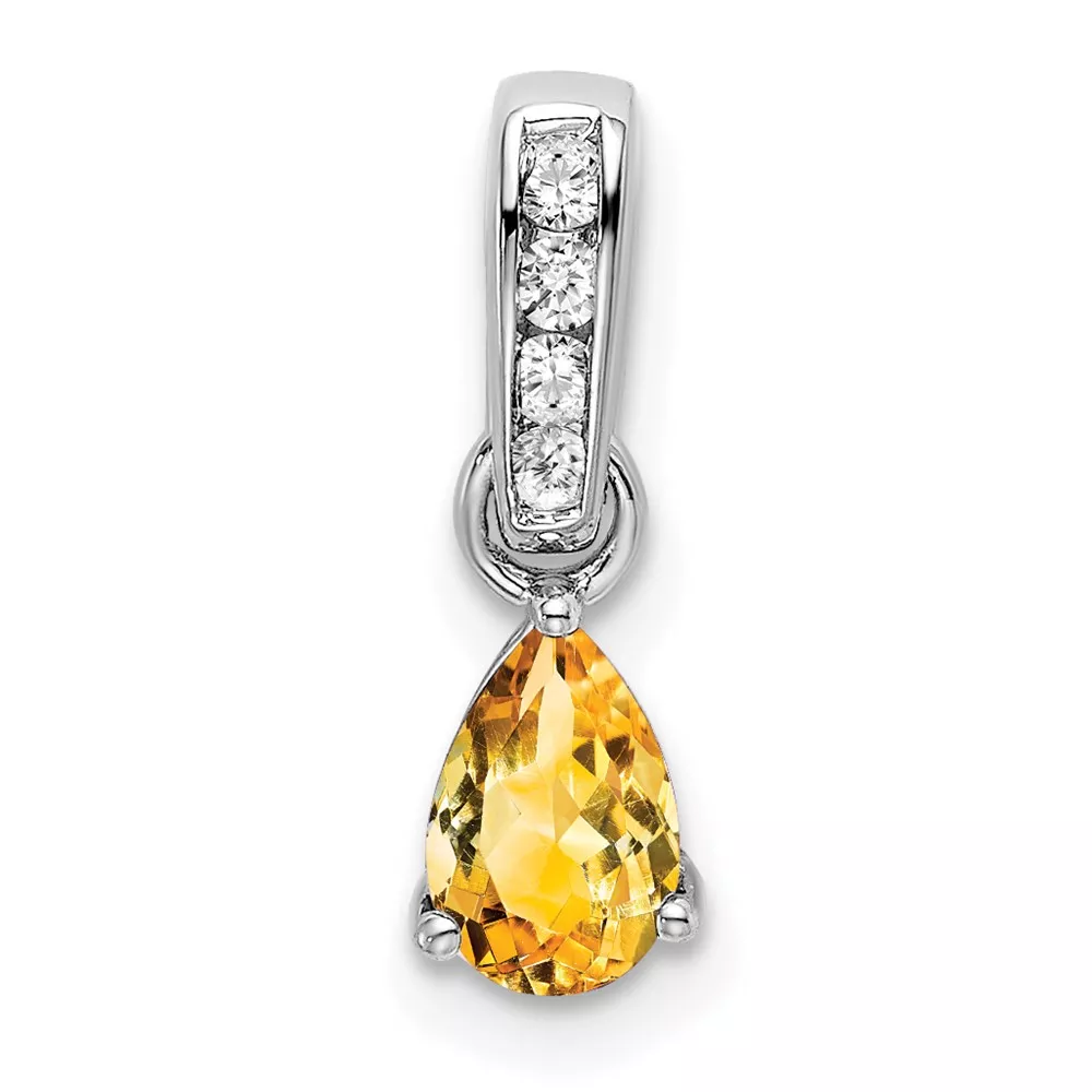 14k White Gold 6×4 Pear November/Citrine and Diamond Pendant