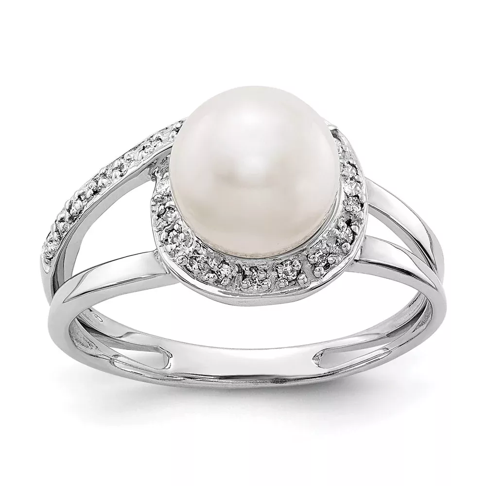 14k White Gold 7.5mm FW Cultured Pearl A Real Diamond ring