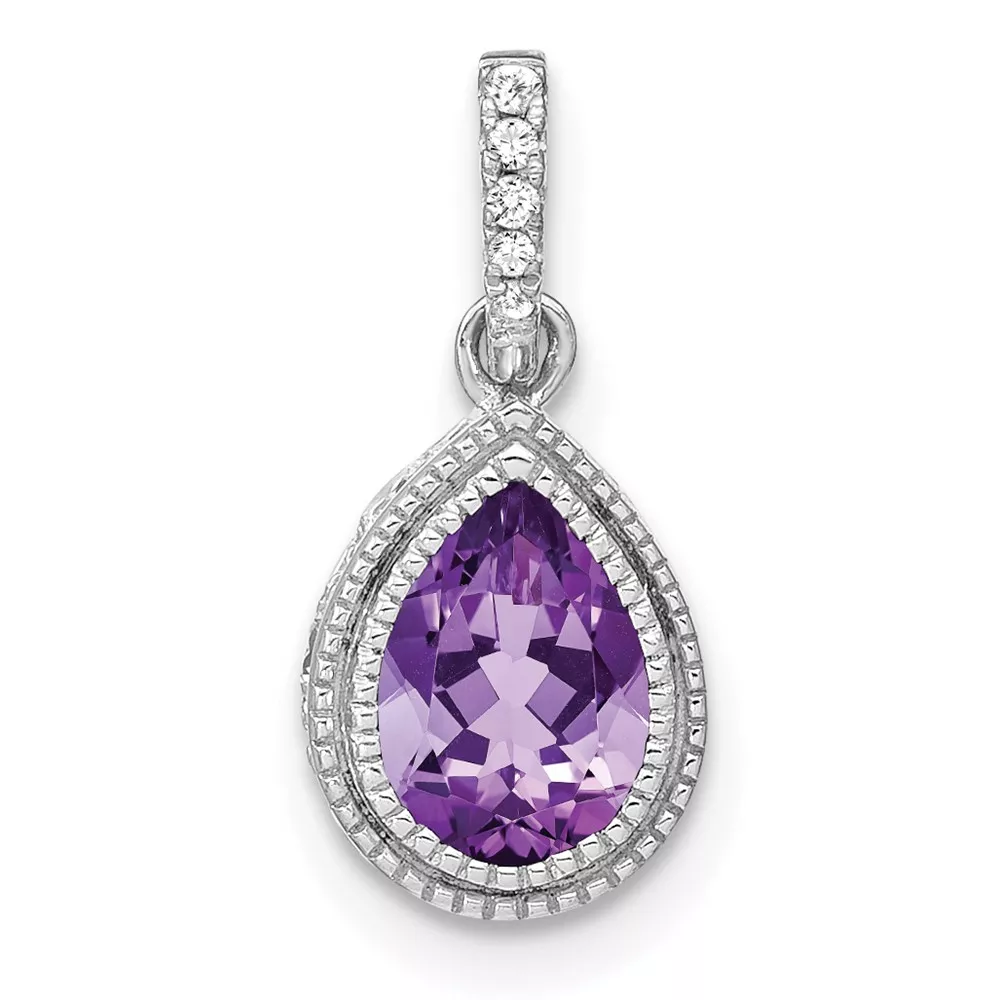 14k White Gold 7x5mm Pear Amethyst and Diamond Pendant