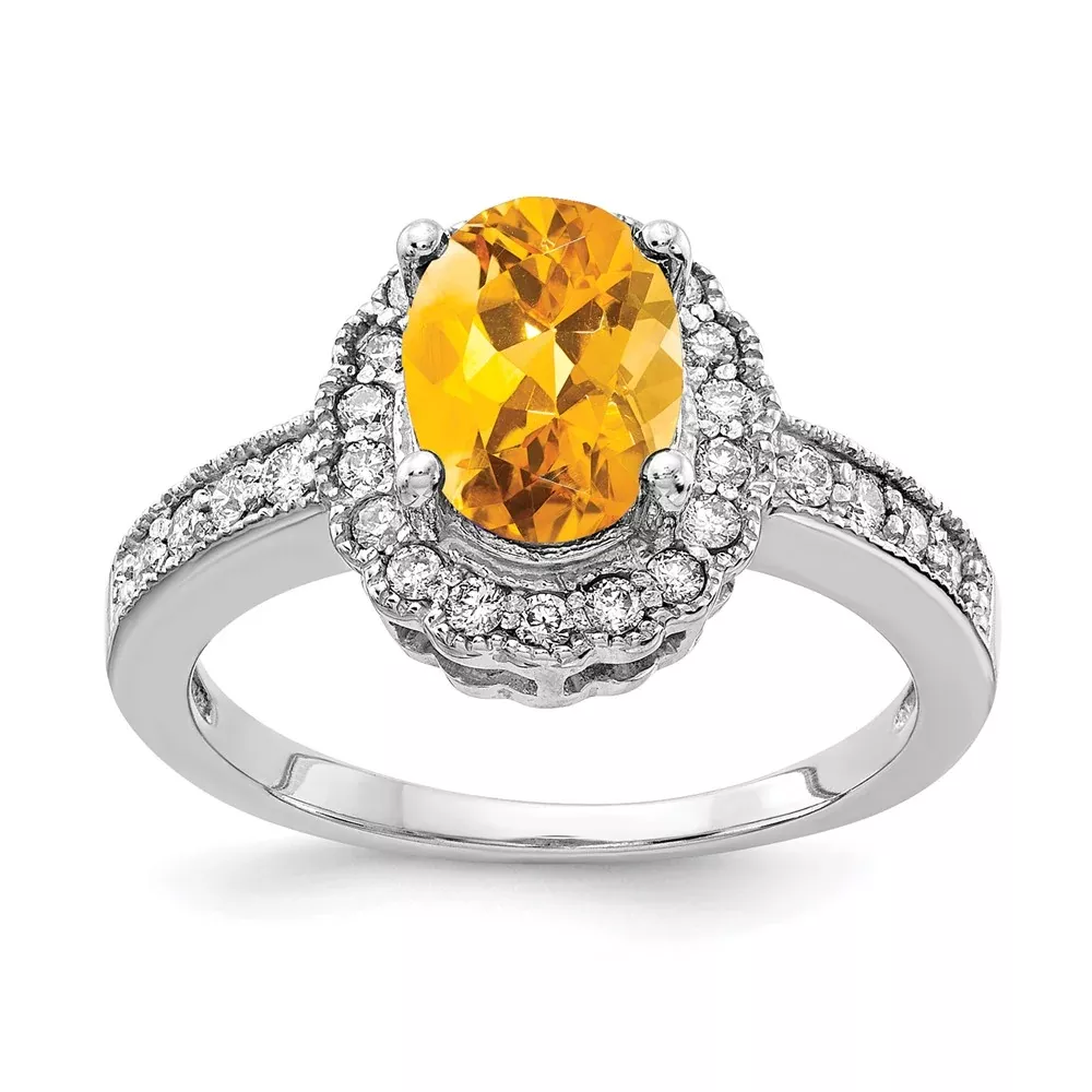 14k White Gold 8x6mm Oval Citrine VS Real Diamond ring