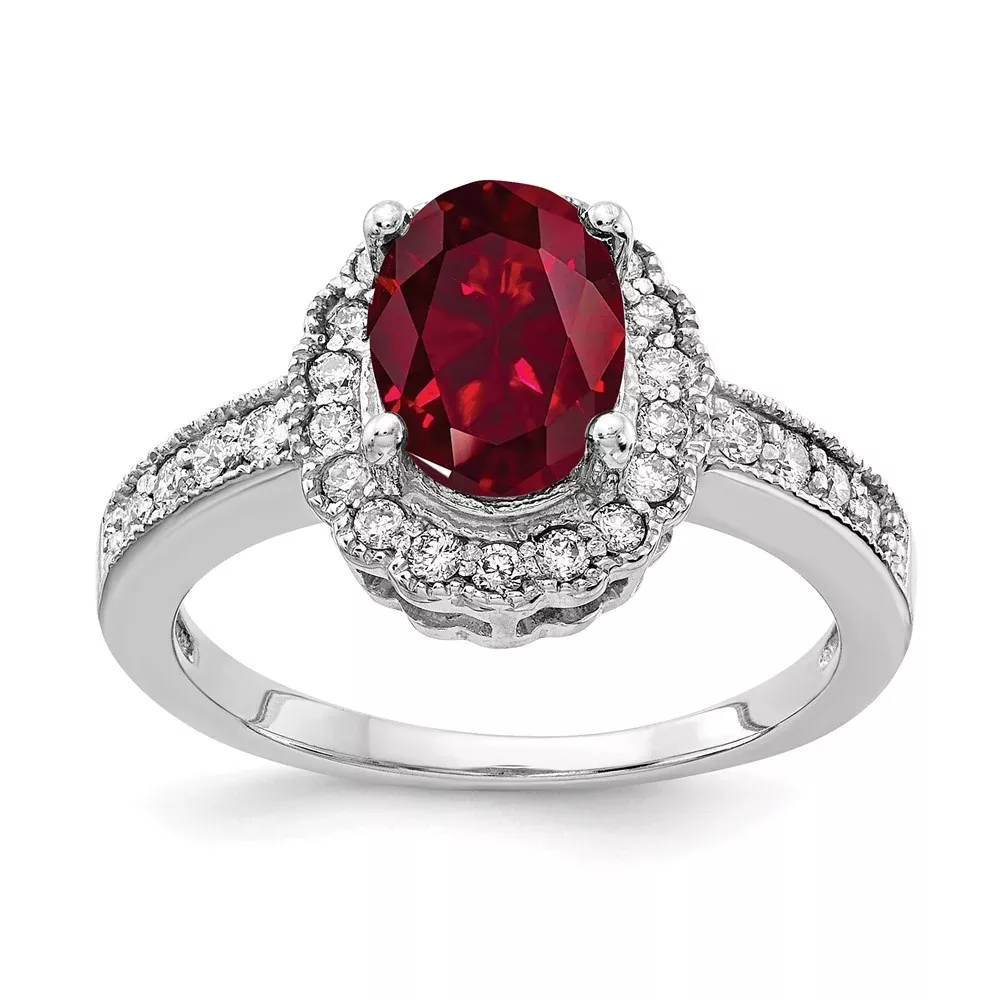 14k White Gold 8x6mm Oval Created Ruby VS Real Diamond ring