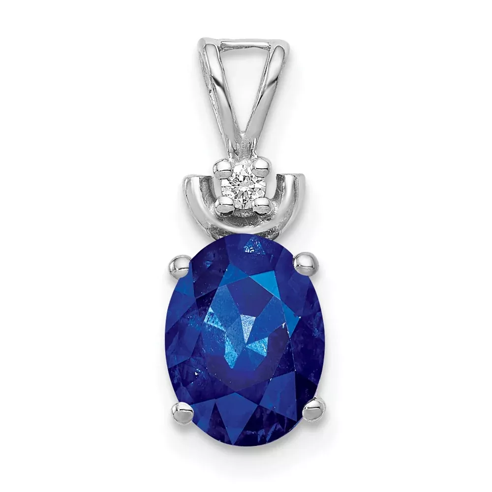 14k White Gold 8x6mm Oval Sapphire Natural Diamond Pendant