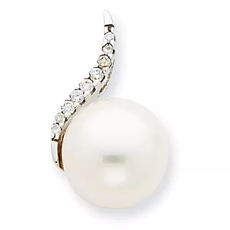14K White Gold 9-10mm White Button FWC Pearl and Diamond Pendant