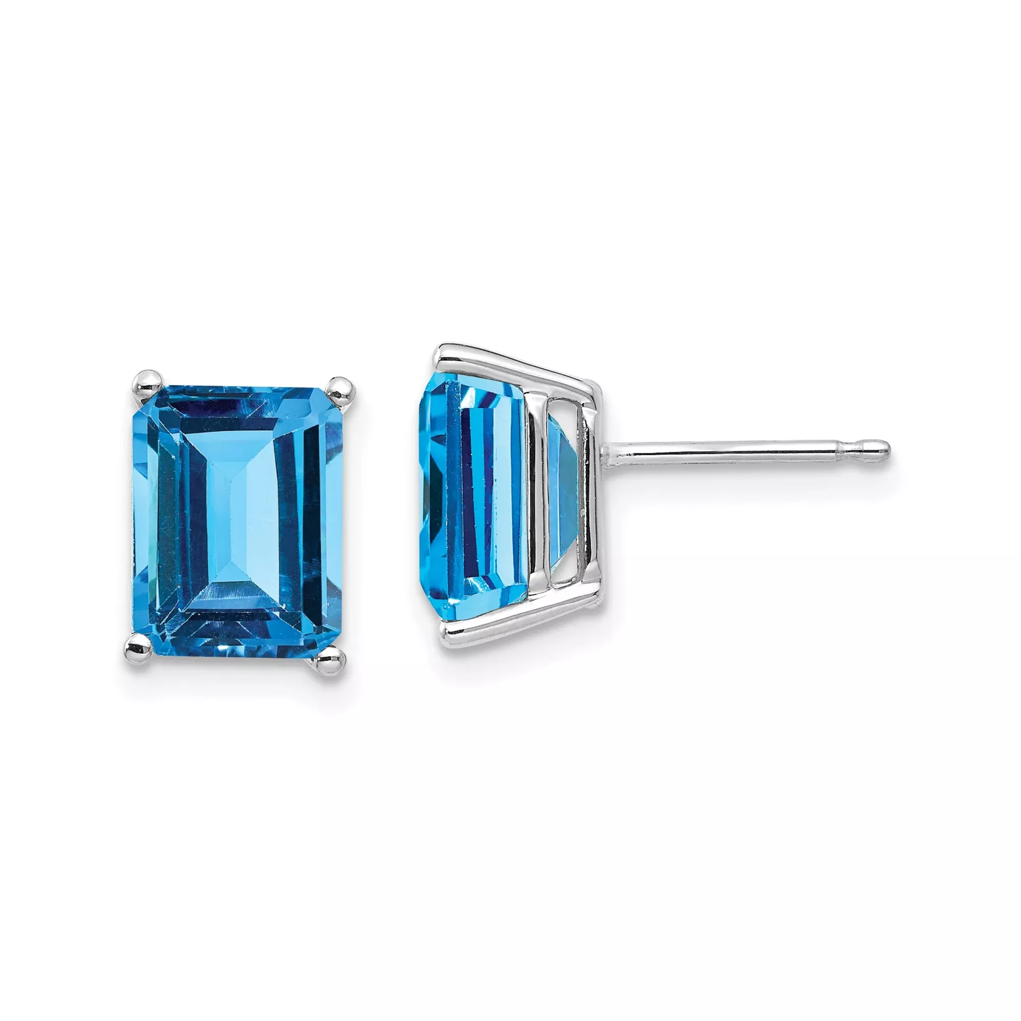 14k White Gold Blue Topaz Stud Earrings, Emerald Cut Minimalist Gemstone Jewelry for Women