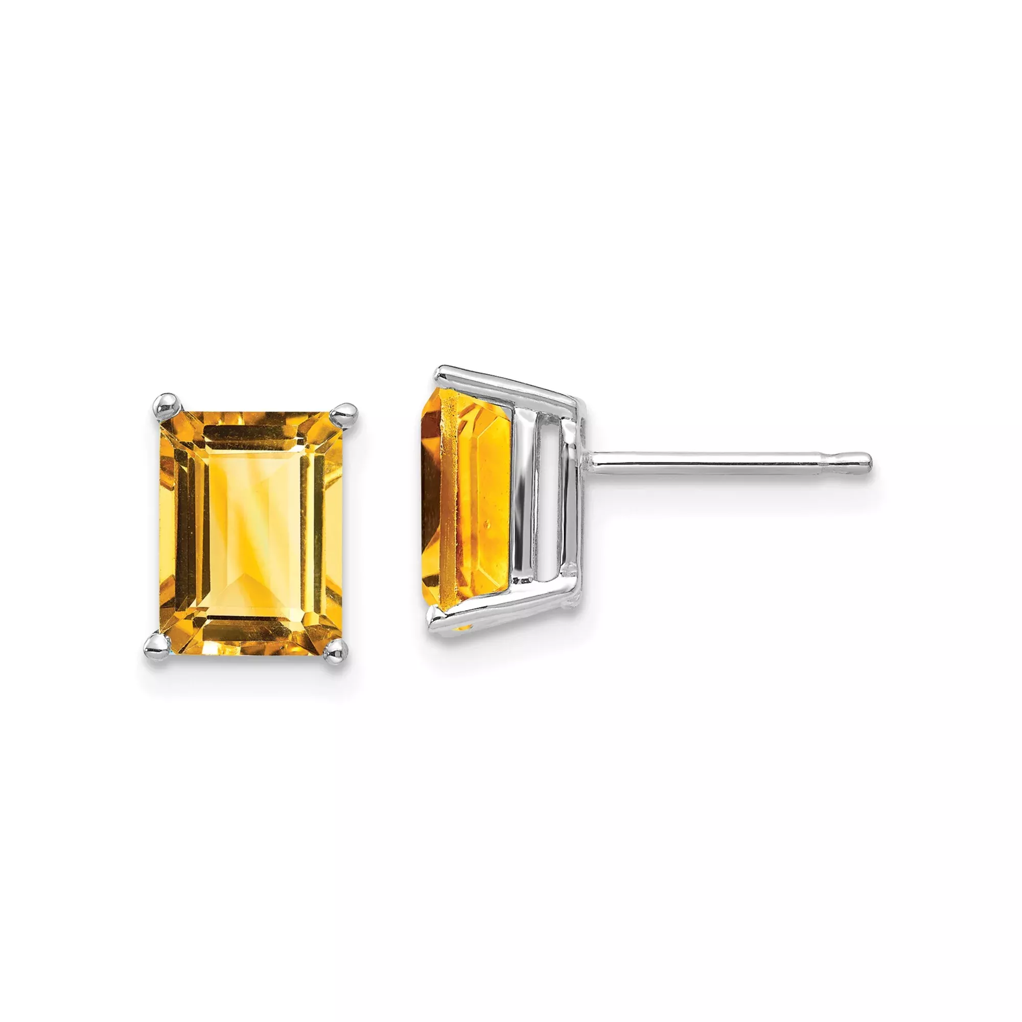 14k White Gold Citrine Stud Earrings, Emerald Cut Prong Set November Birthstone Jewelry
