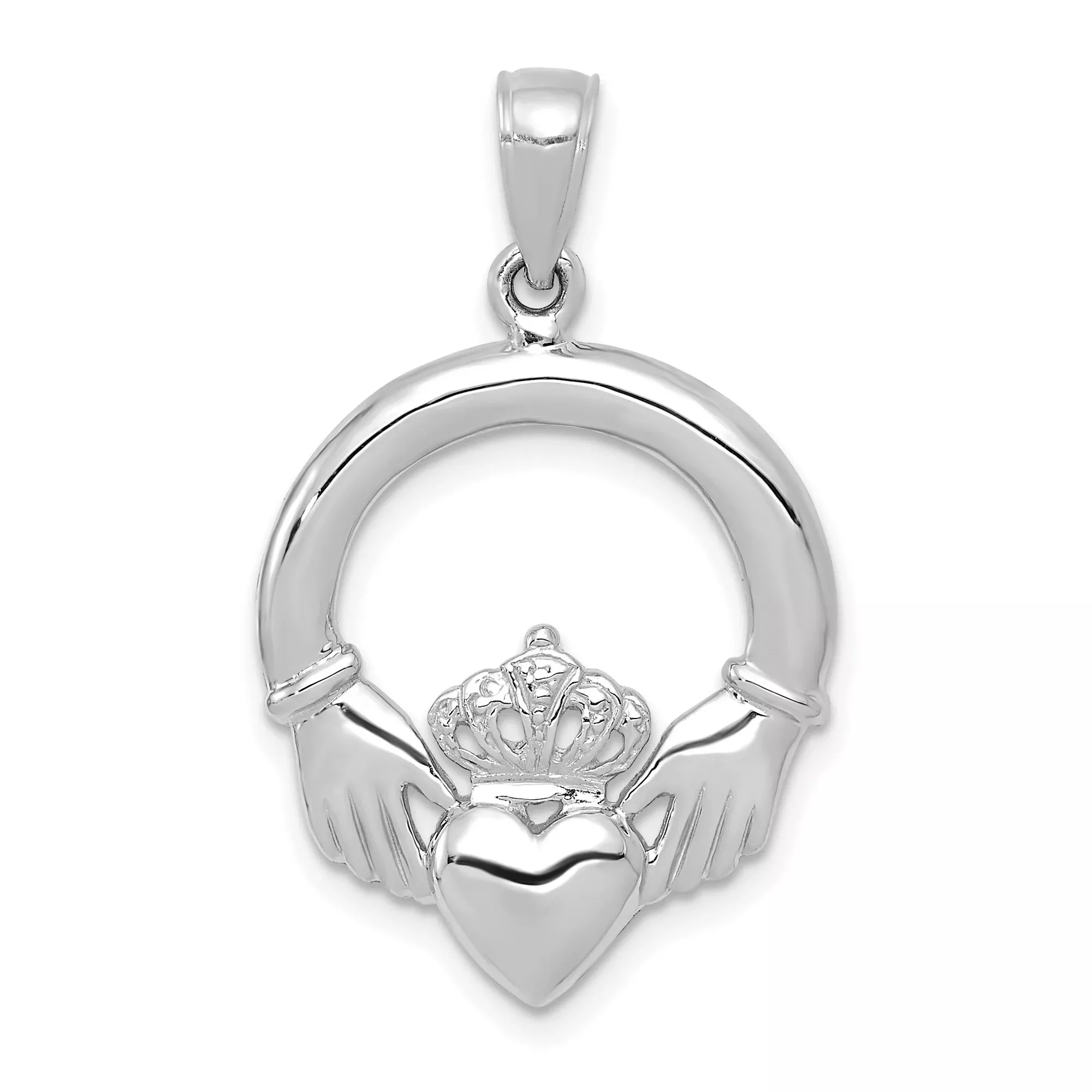 14k White Gold Claddagh Heart Pendant with Crown and Hands Symbolizing Love and Loyalty