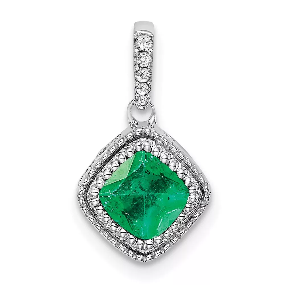 14k White Gold Cushion Emerald and Diamond Pendant with Side Diamond Detail