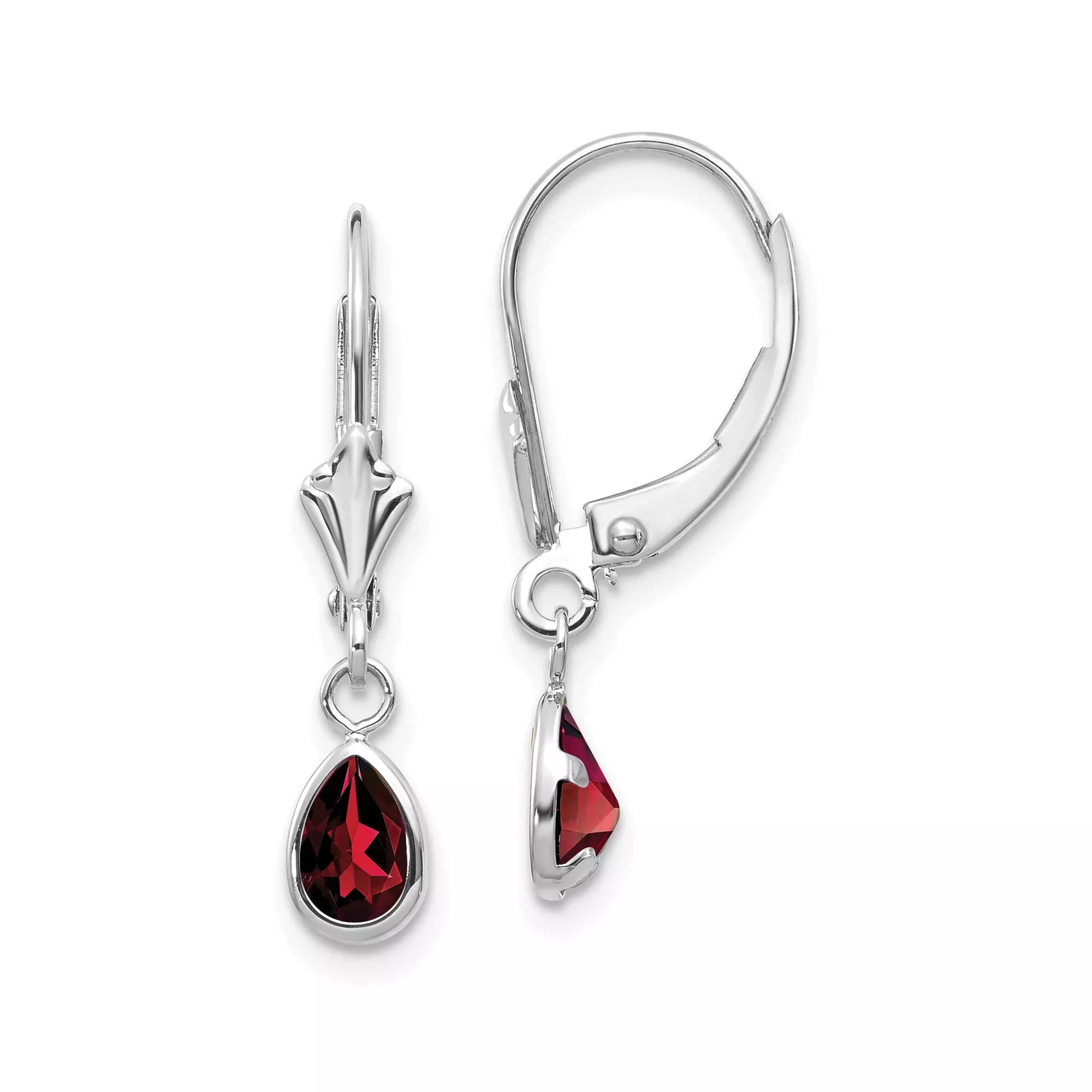14k White Gold Dangle Earrings with Pear Shape Garnet in Bezel Setting, Leverback Drop Style