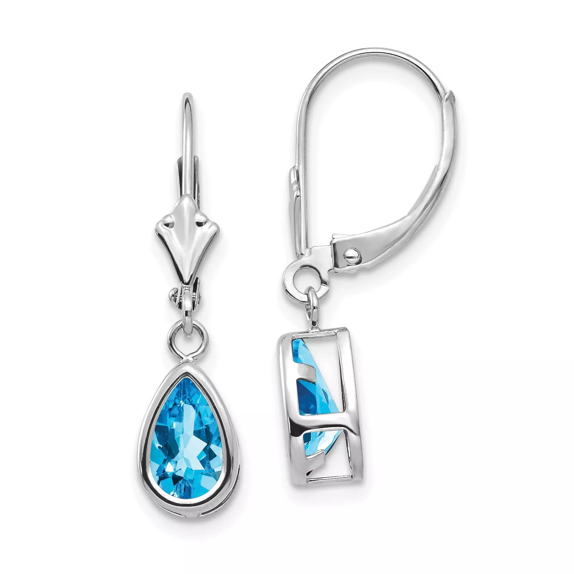 14k White Gold Dangle Earrings with Pear Shaped Swiss Blue Topaz in Bezel Setting