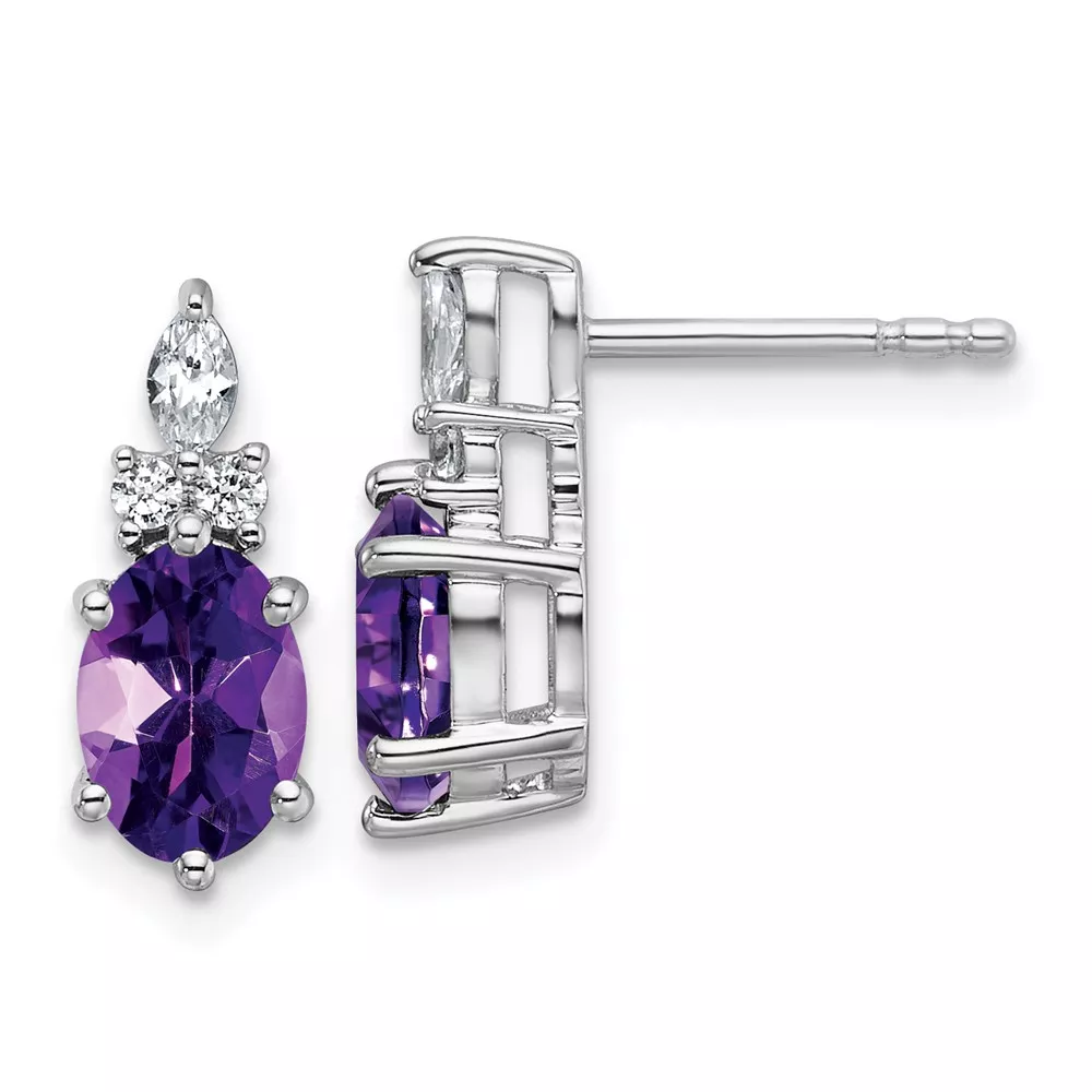 14K White Gold Diamond and 7×5 Oval February/Amethyst Post Earrings
