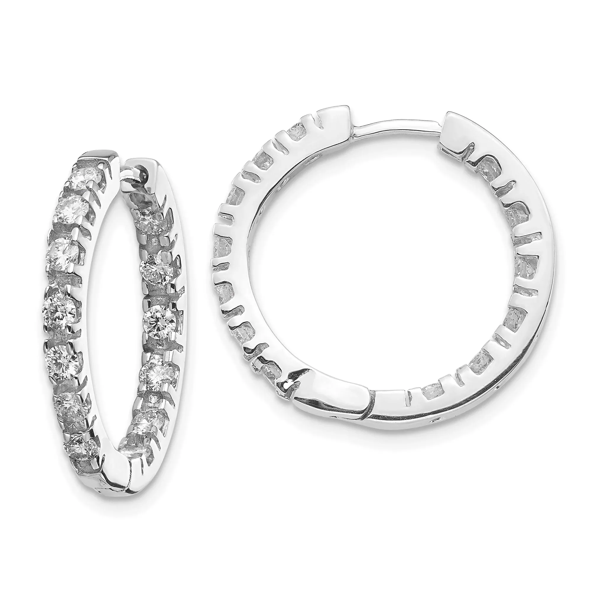 14k White Gold Diamond Hoop Earrings, Prong Set Round Hoops, Classic Elegant Design for Women