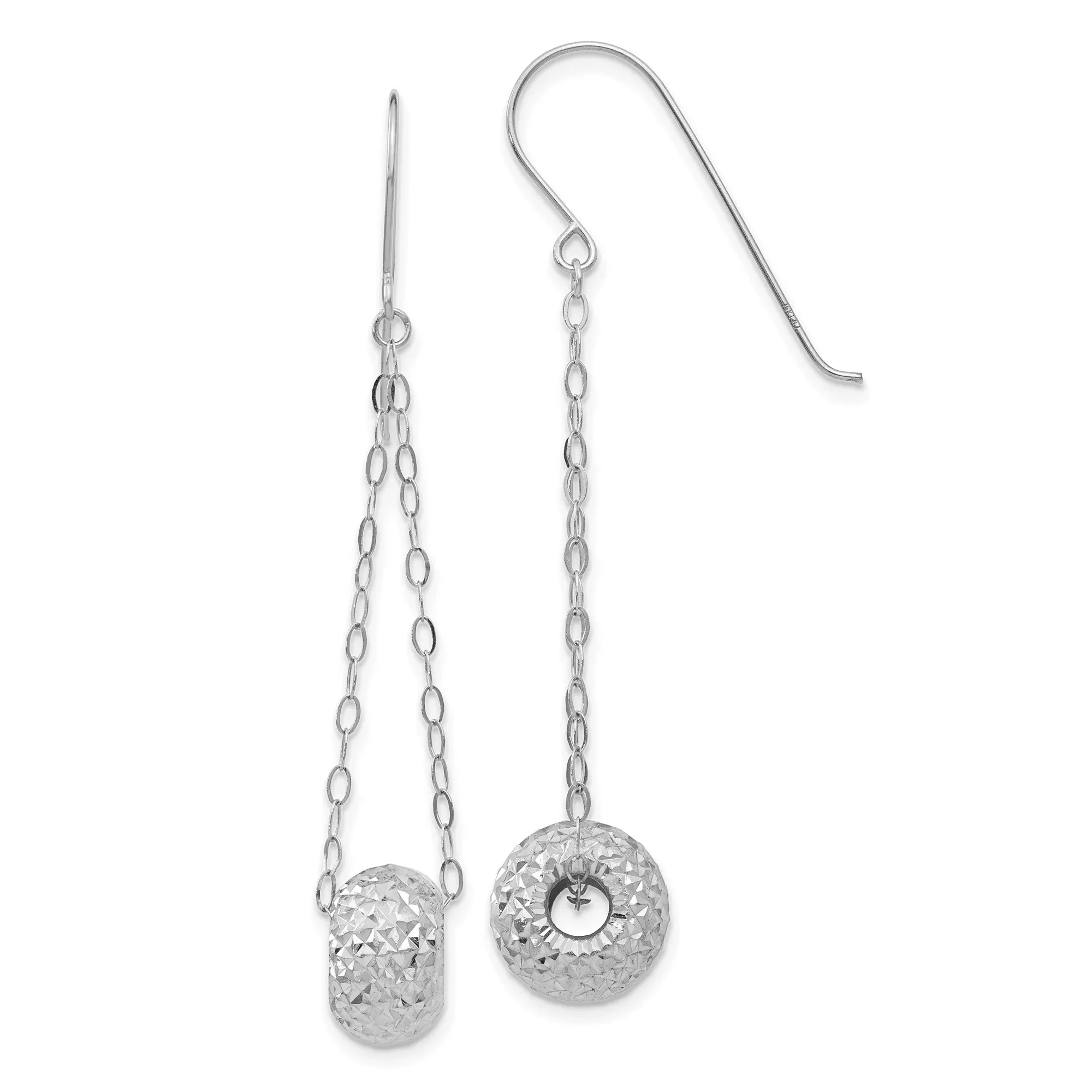 14k White Gold Drop Earrings with Textured Donut Dangles and Chain Links, Modern Minimalist Style