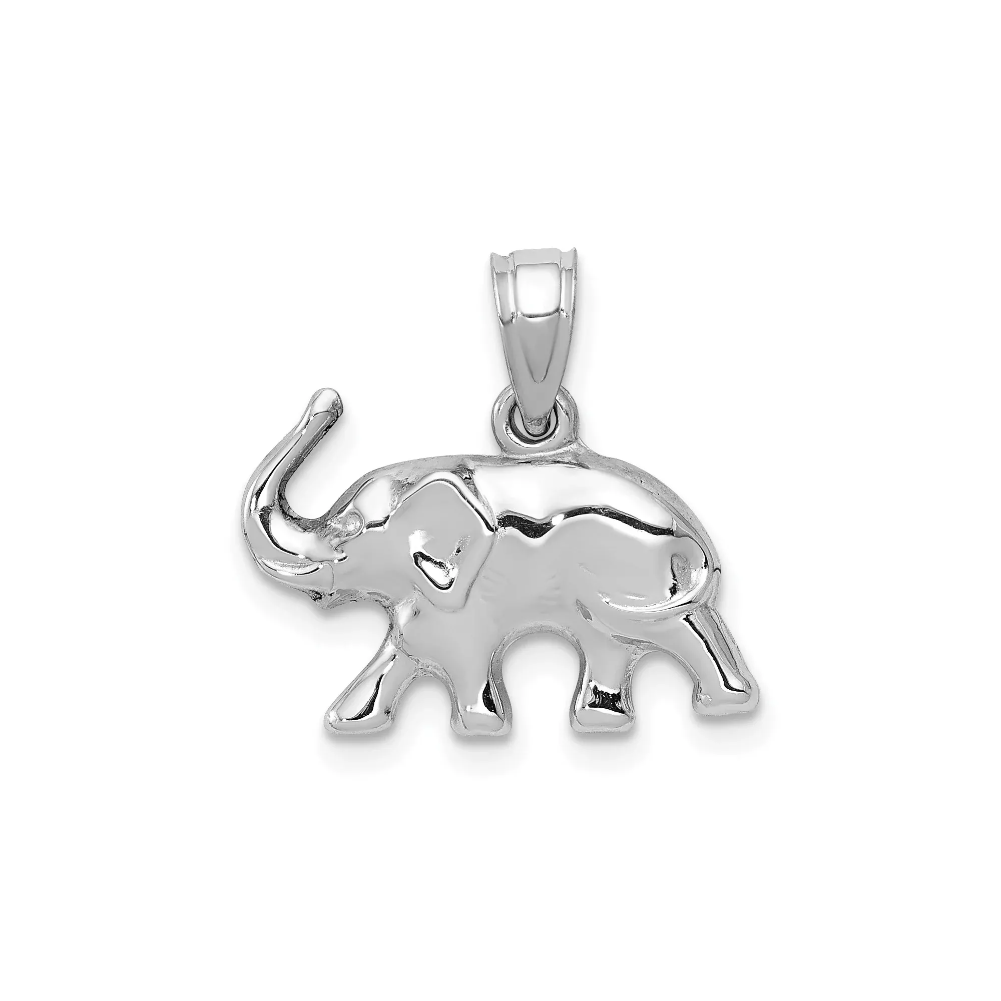 14k White Gold Elephant Pendant, Polished Animal Charm Symbolizing Strength and Good Luck