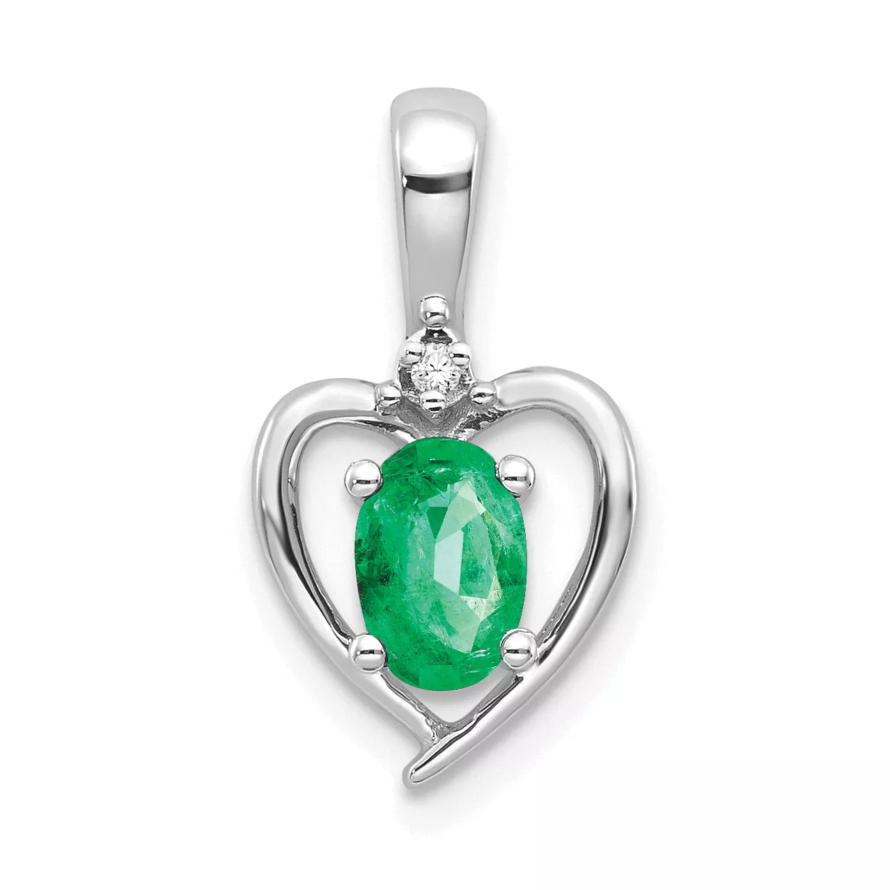 14K White Gold Emerald and Diamond Heart Pendant
