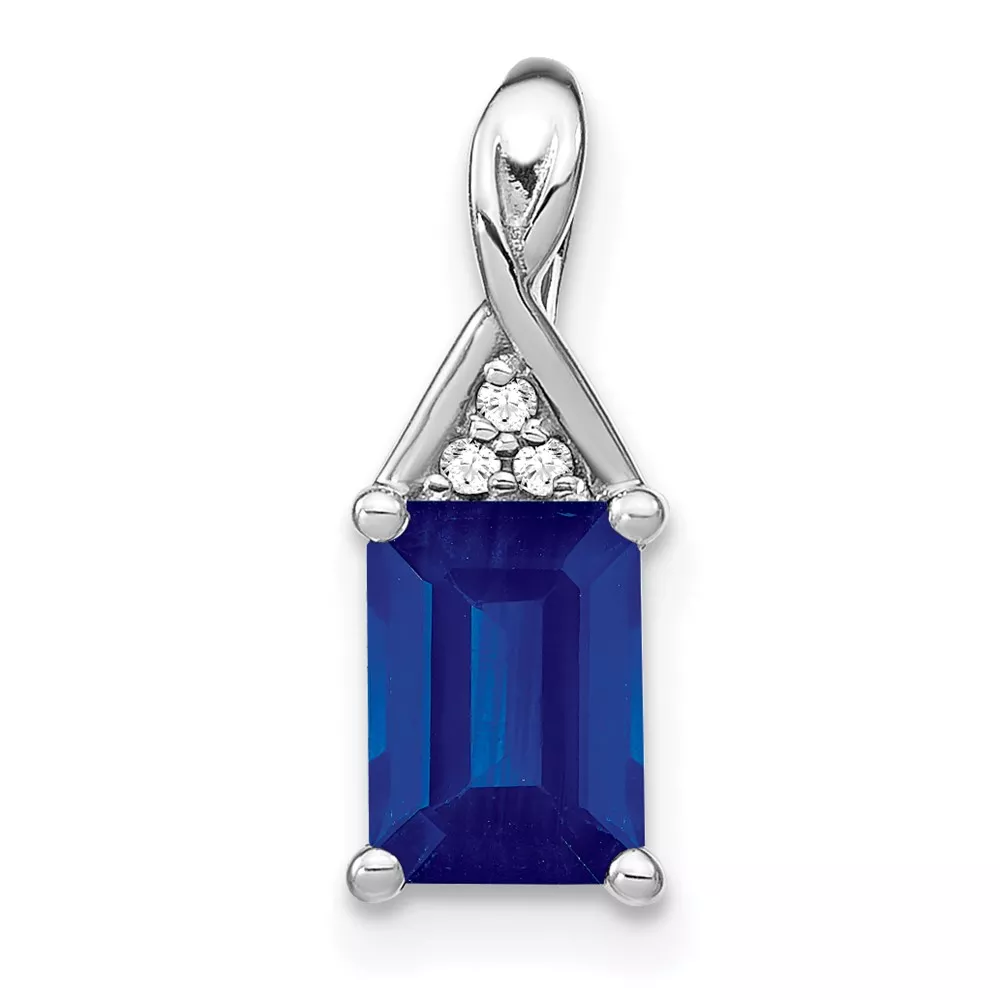 14k White Gold Emerald-shape Sapphire and Diamond Pendant
