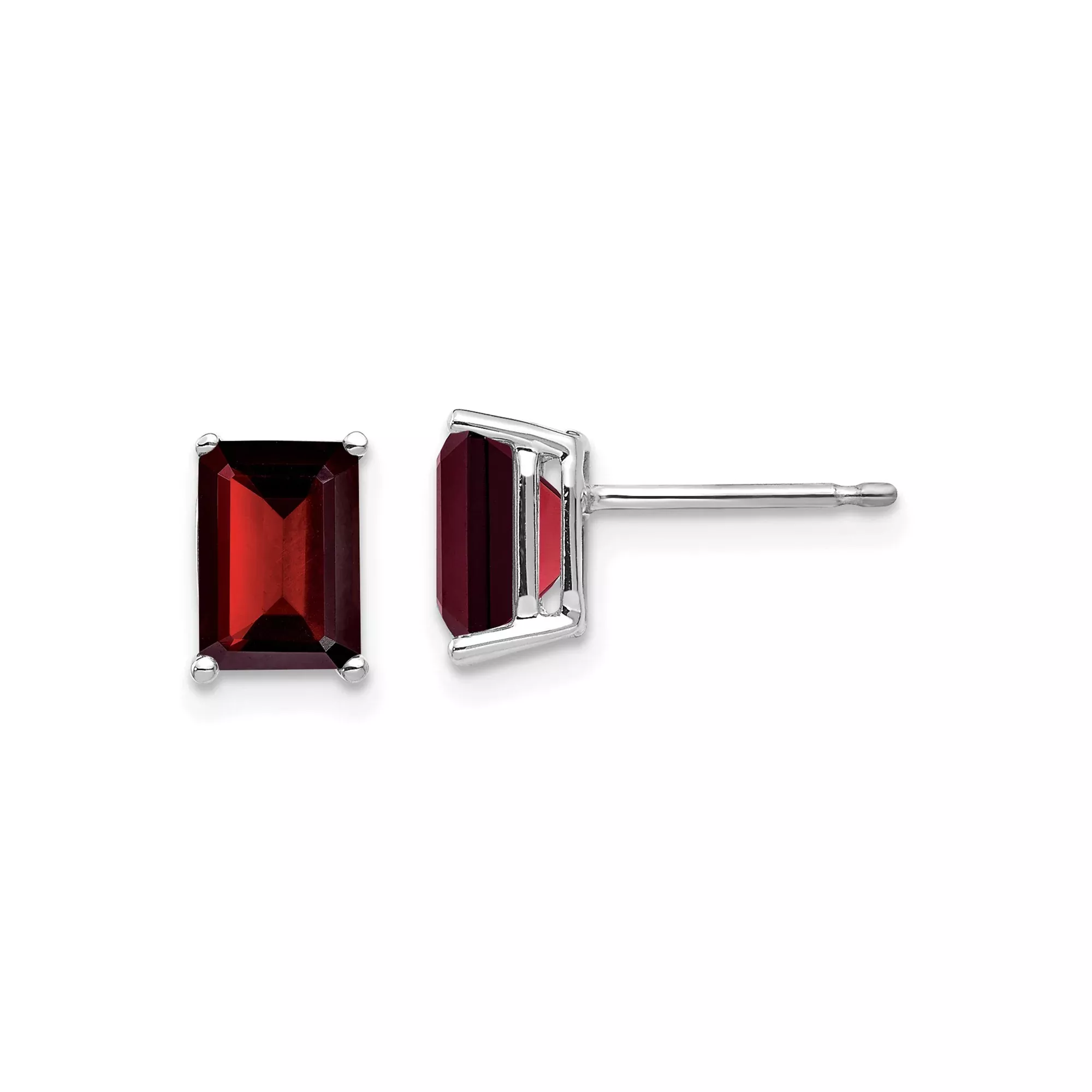 14k White Gold Garnet Stud Earrings, Emerald-Cut Minimalist January Birthstone Jewelry