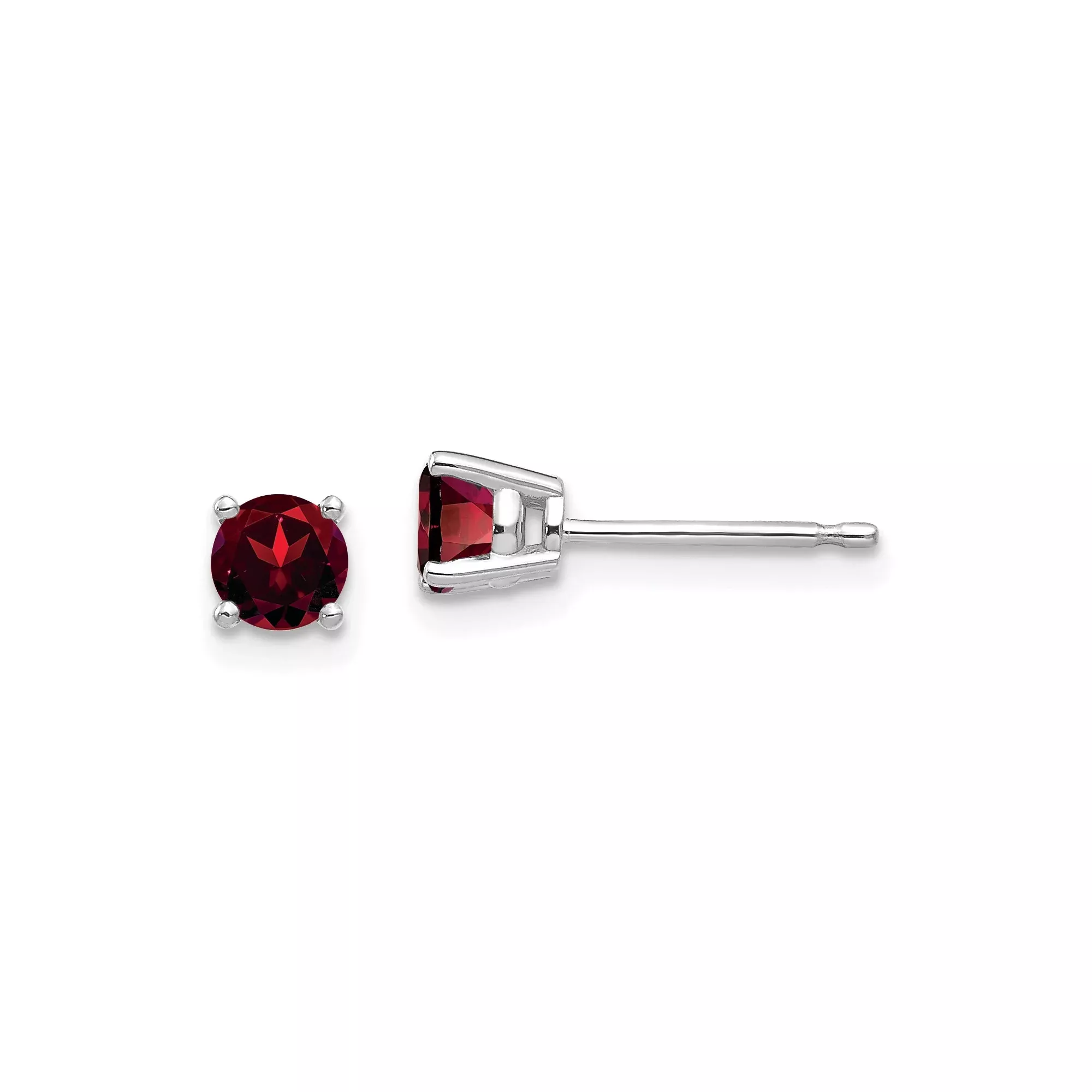 14k White Gold Garnet Stud Earrings, Round Deep Red Gemstone in Classic Four Prong Setting