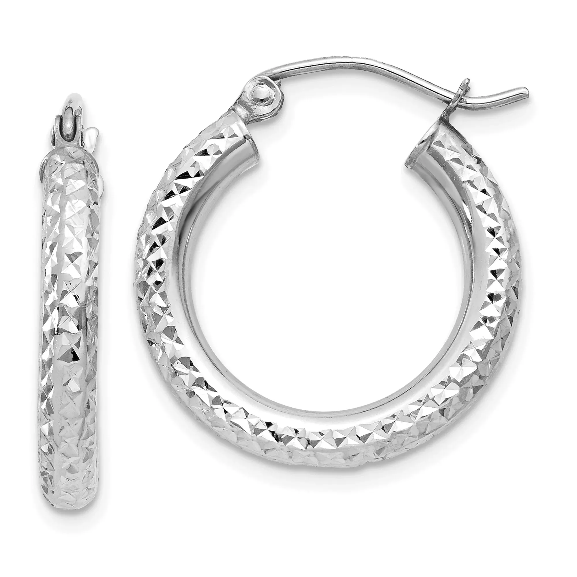 14k White Gold Hoop Earrings, Diamond Cut Textured Round Design for Women