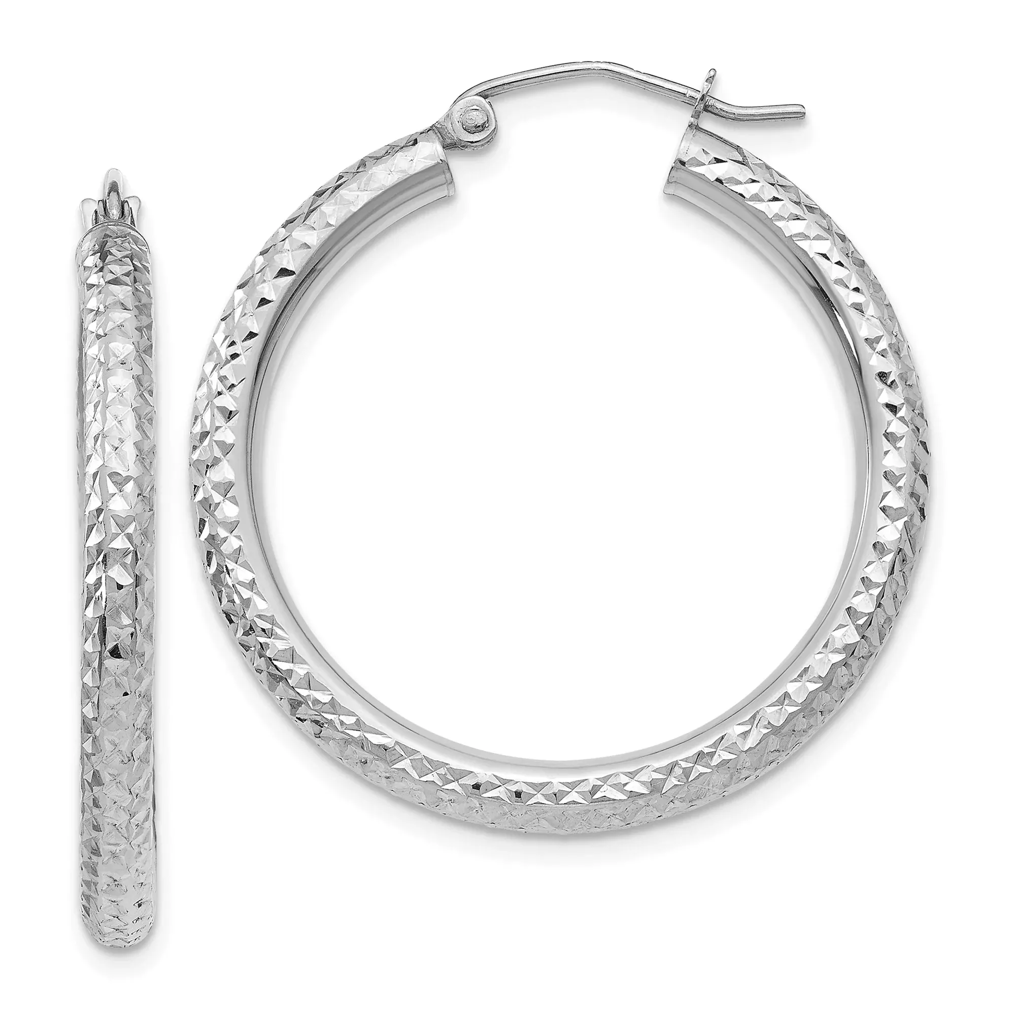 14k White Gold Hoop Earrings, Diamond Cut Textured Round Hoops with Shimmer Finish