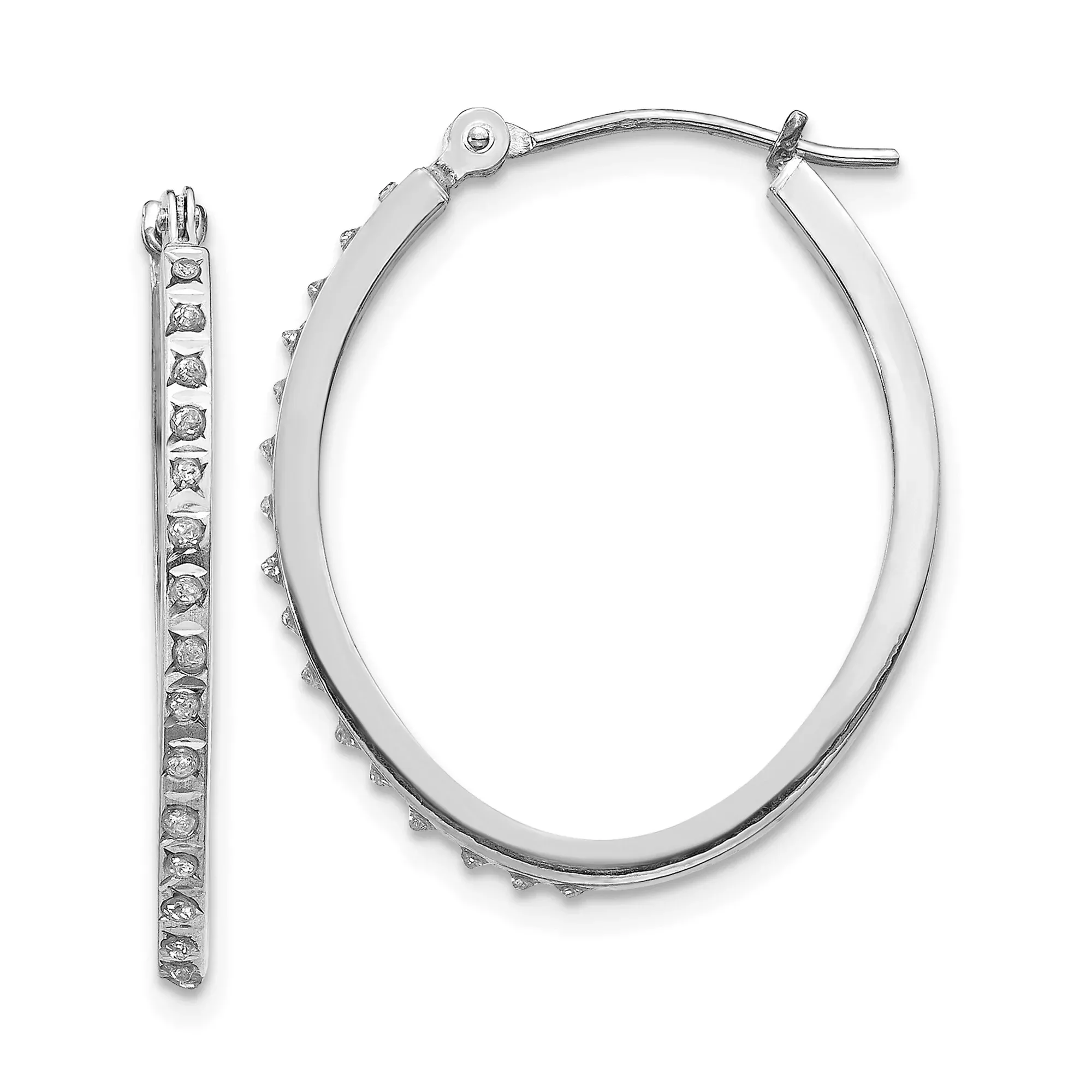 14k White Gold Hoop Earrings with Channel Set Diamonds, Polished Round Design