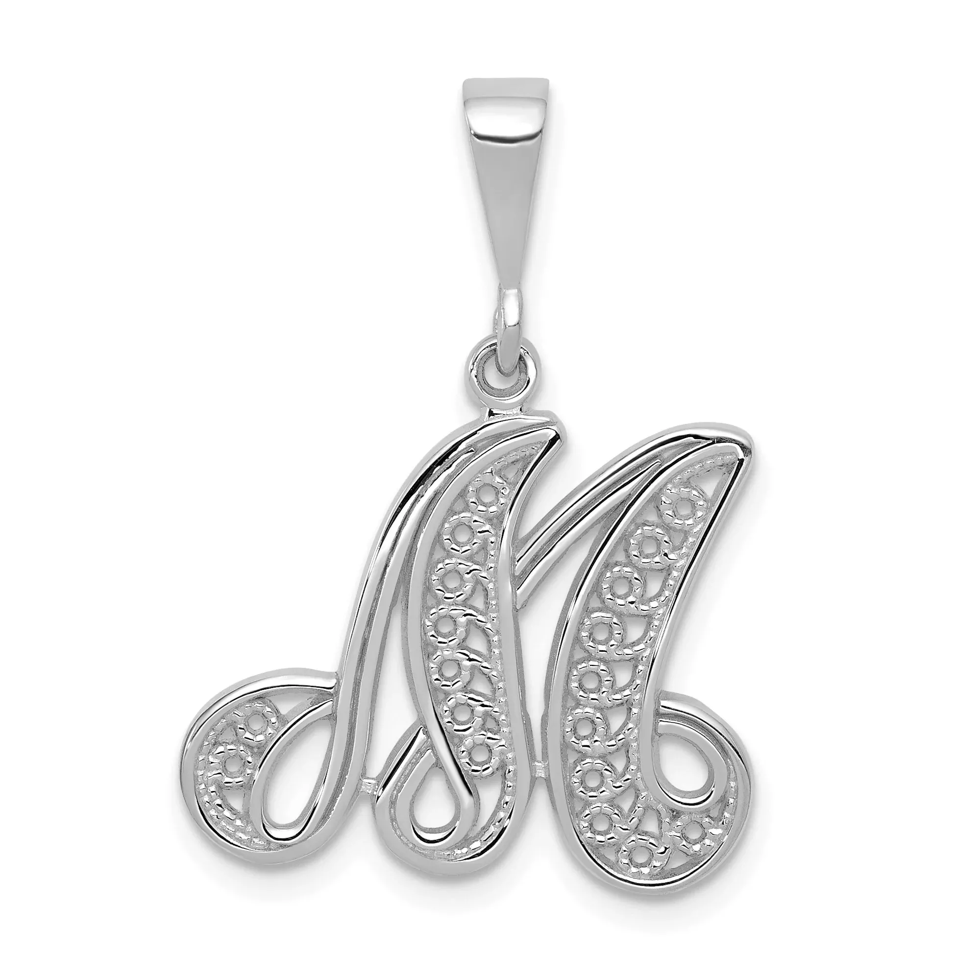 14k White Gold Initial M Pendant with Filigree Scrollwork, Script Letter Charm