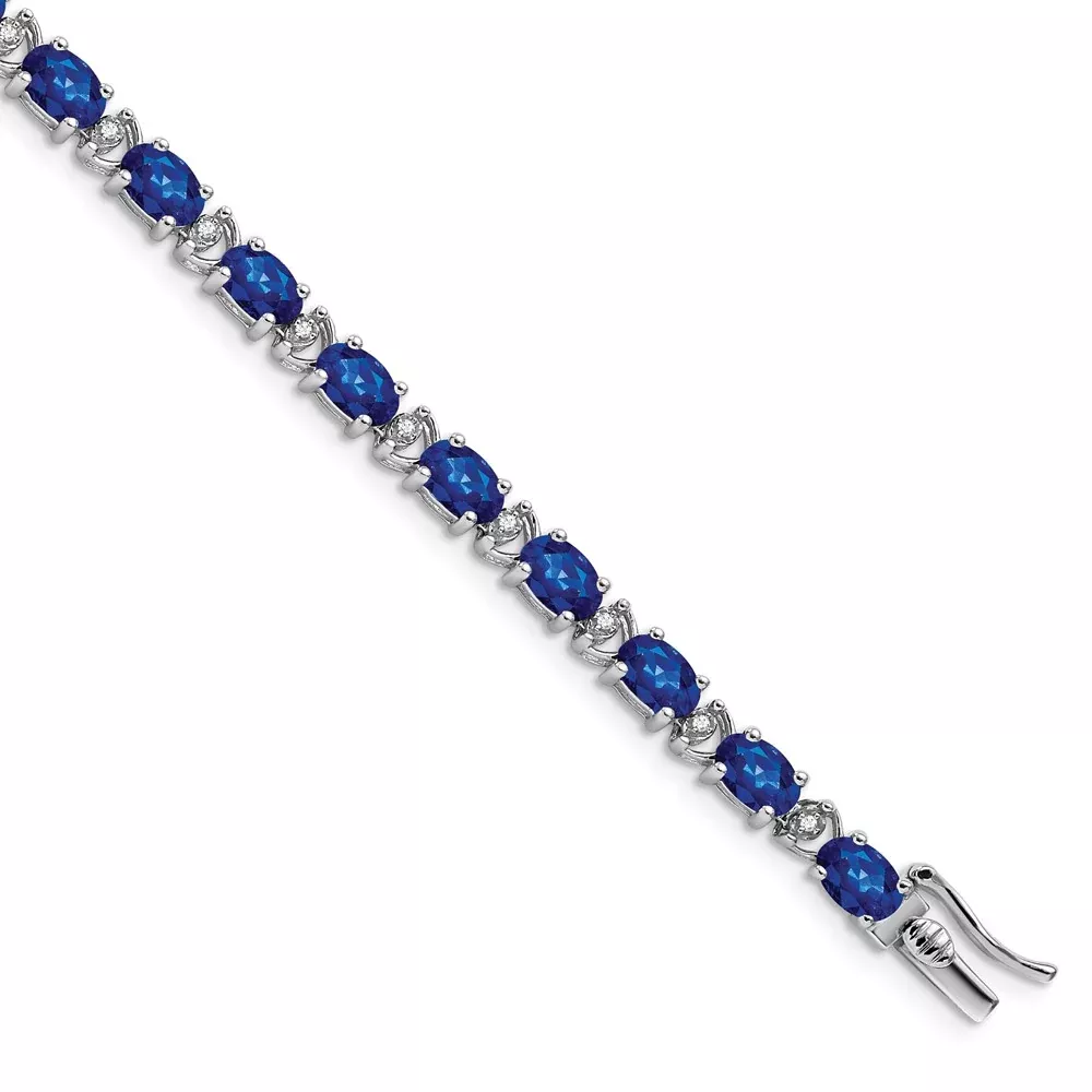 14k White Gold Oval Created Sapphire and Natural Diamond Bracelet