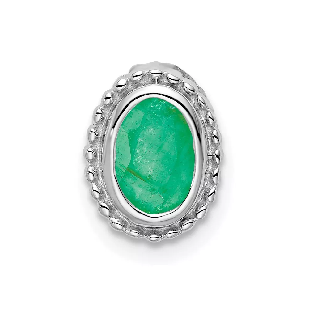 14k White Gold Oval Emerald Beaded Edge Chain Slide