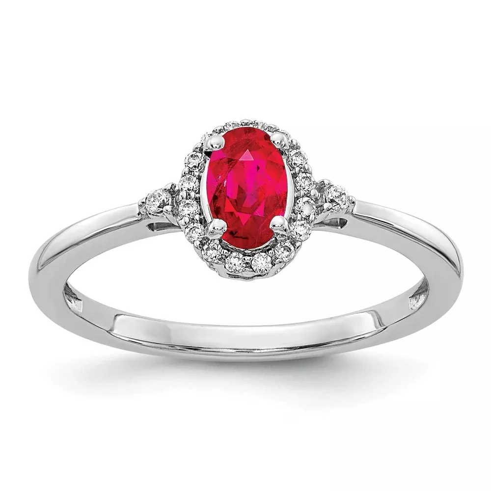 14k White Gold Oval Ruby and Real Diamond Halo Ring