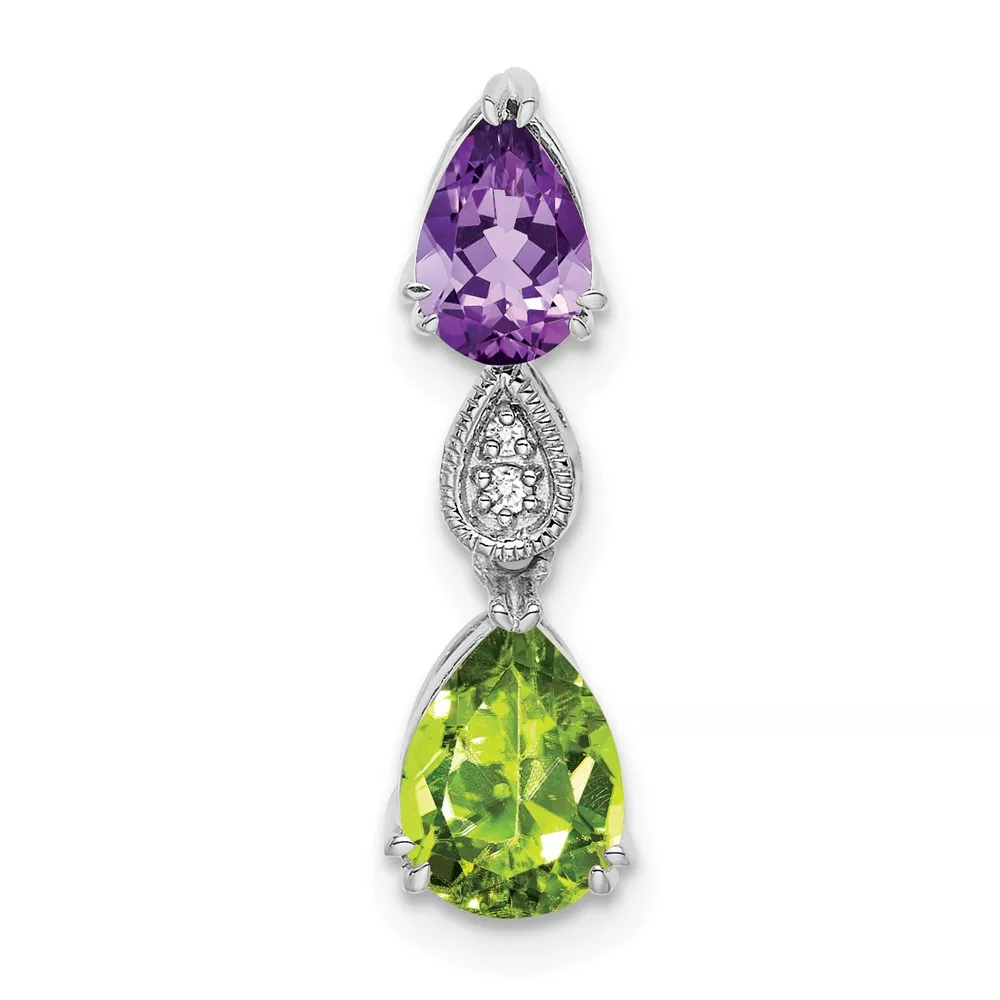 14k White Gold Pear Amethyst/Peridot and Diamond Chain Slide