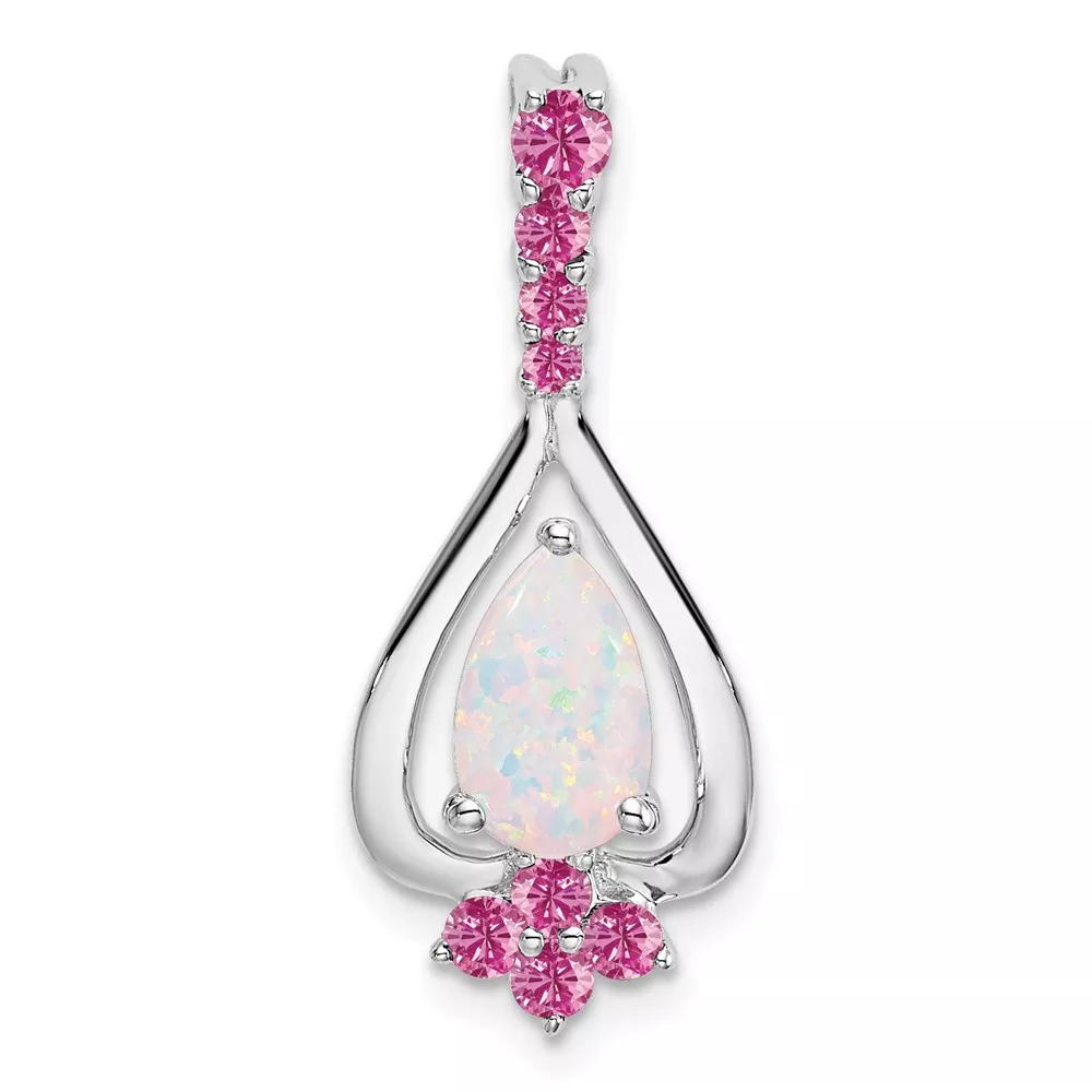 14k White Gold Pear Lab Created Opal and Lab Created Pink Sapphire Pendant