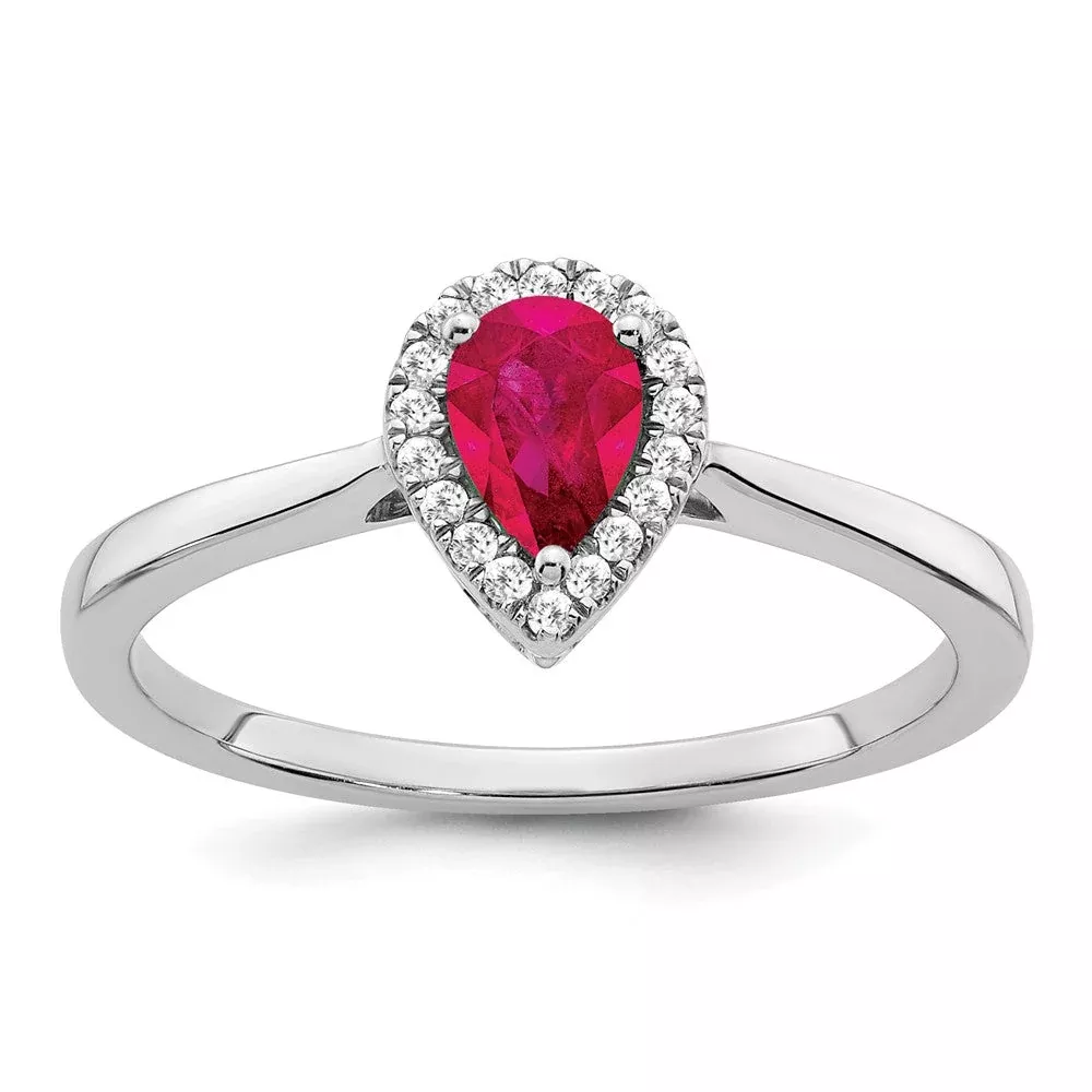 14k White Gold Pear Ruby and Real Diamond Halo Ring