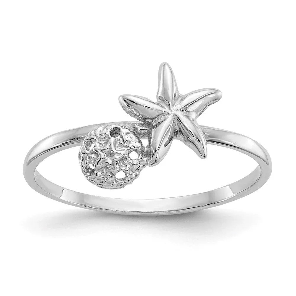 14k White Gold Polished Starfish u0026 Sand Dollar Ring