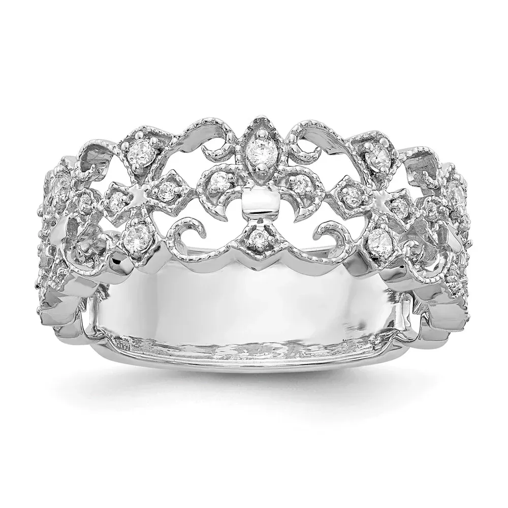 14k White Gold Real Diamond Fleur-de-Lis Ring