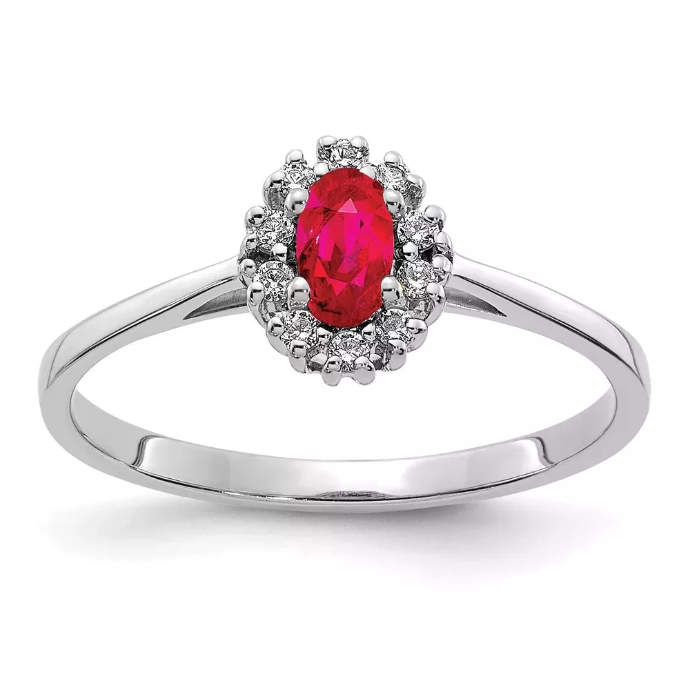 14k White Gold Real Diamond and Oval Ruby Halo Ring