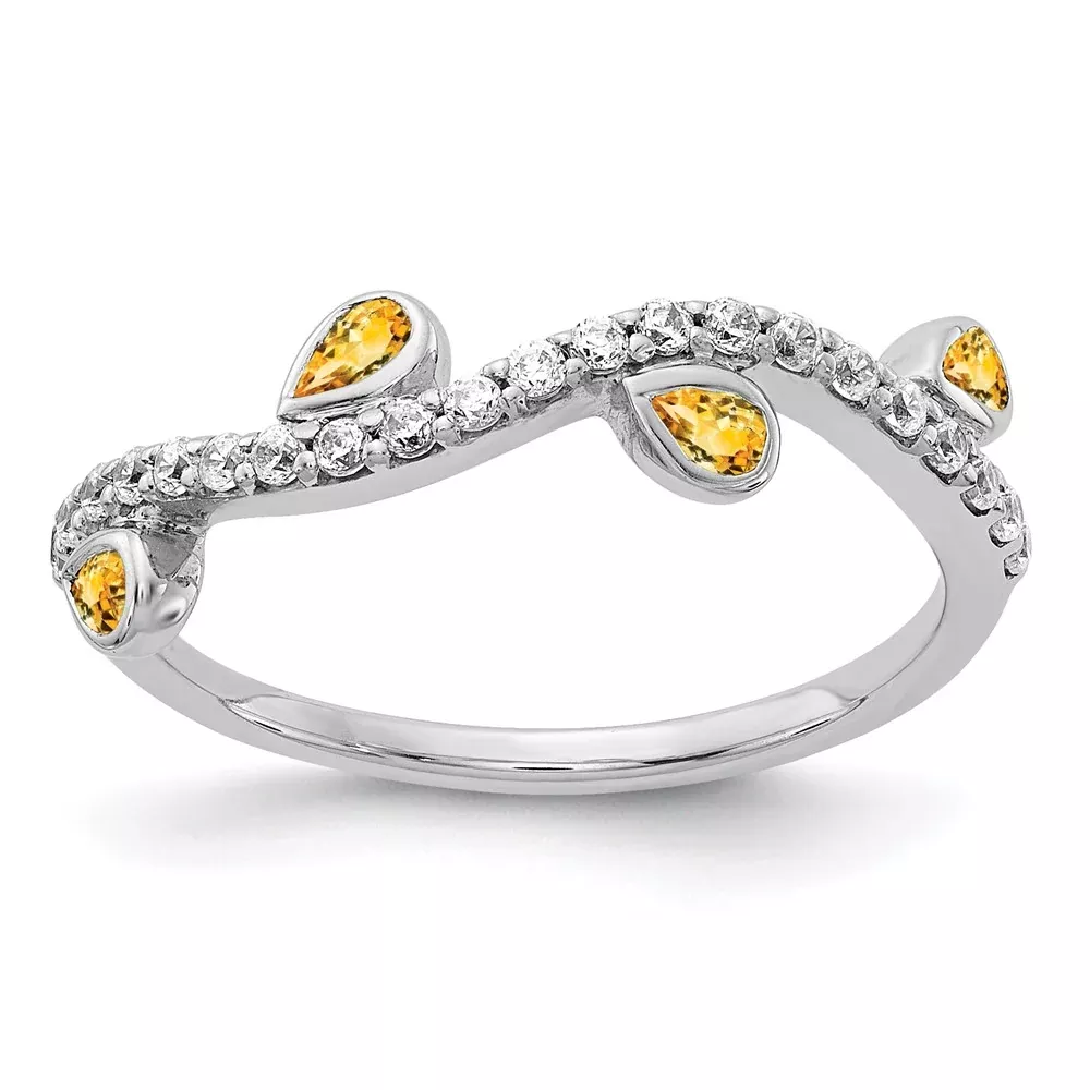 14k White Gold Real Diamond and Pear Citrine Curved Ring