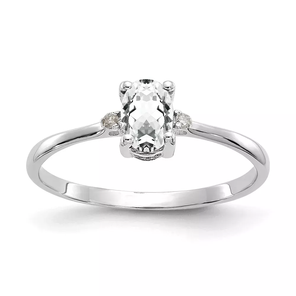 14k White Gold Real Diamond & White Topaz Birthstone Ring