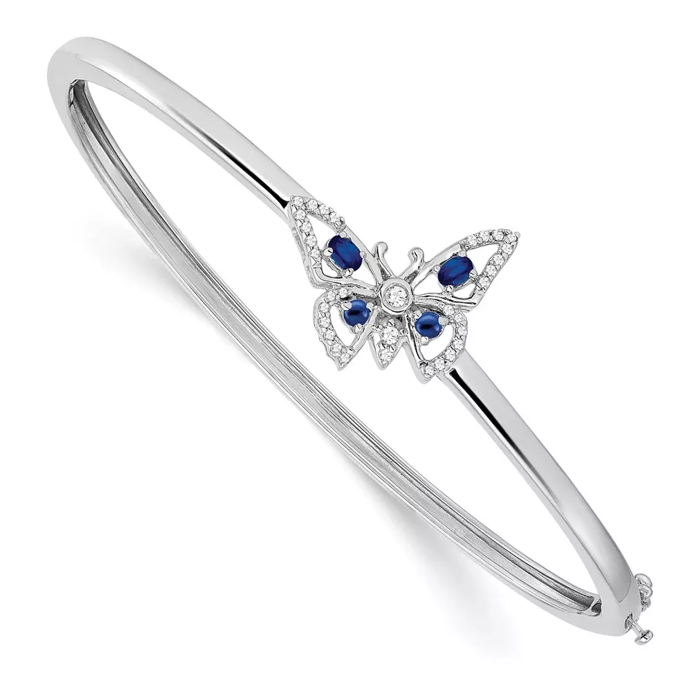 14k White Gold Sapphire and Natural Diamond Butterfly Bangle