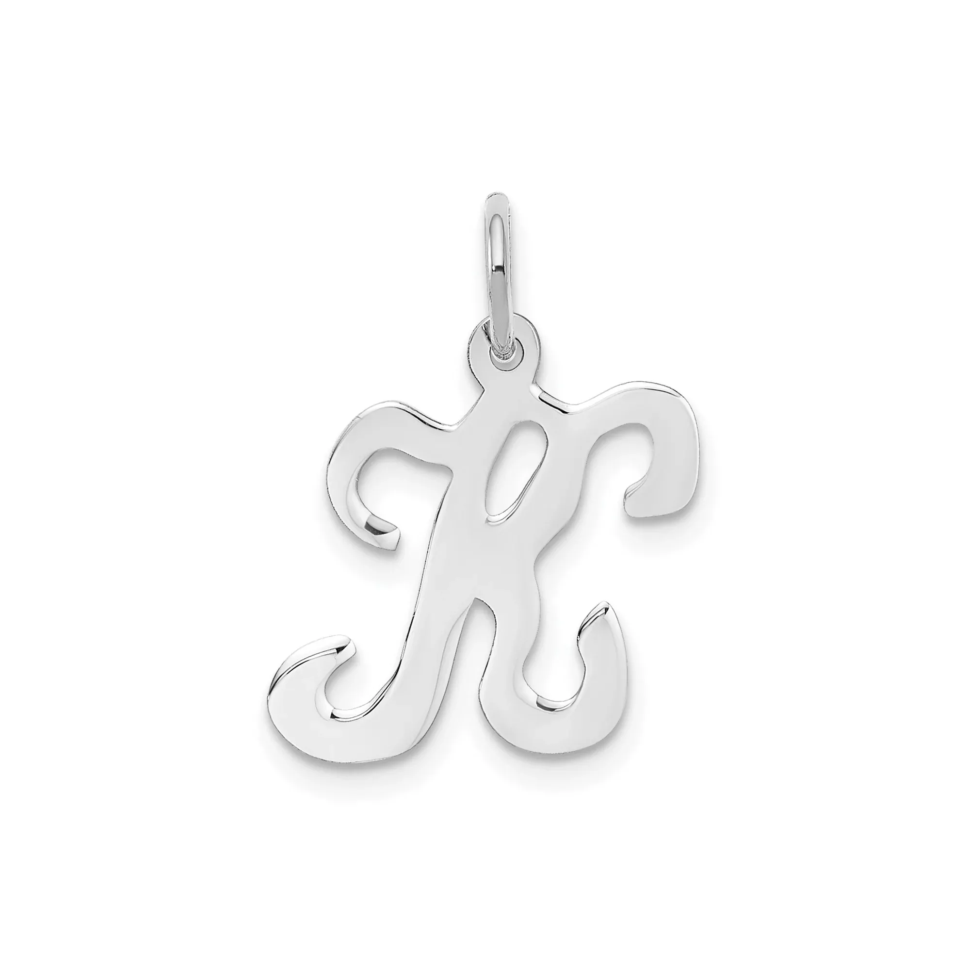 14k White Gold Script R Pendant, Polished Alphabet Charm in Cursive Style