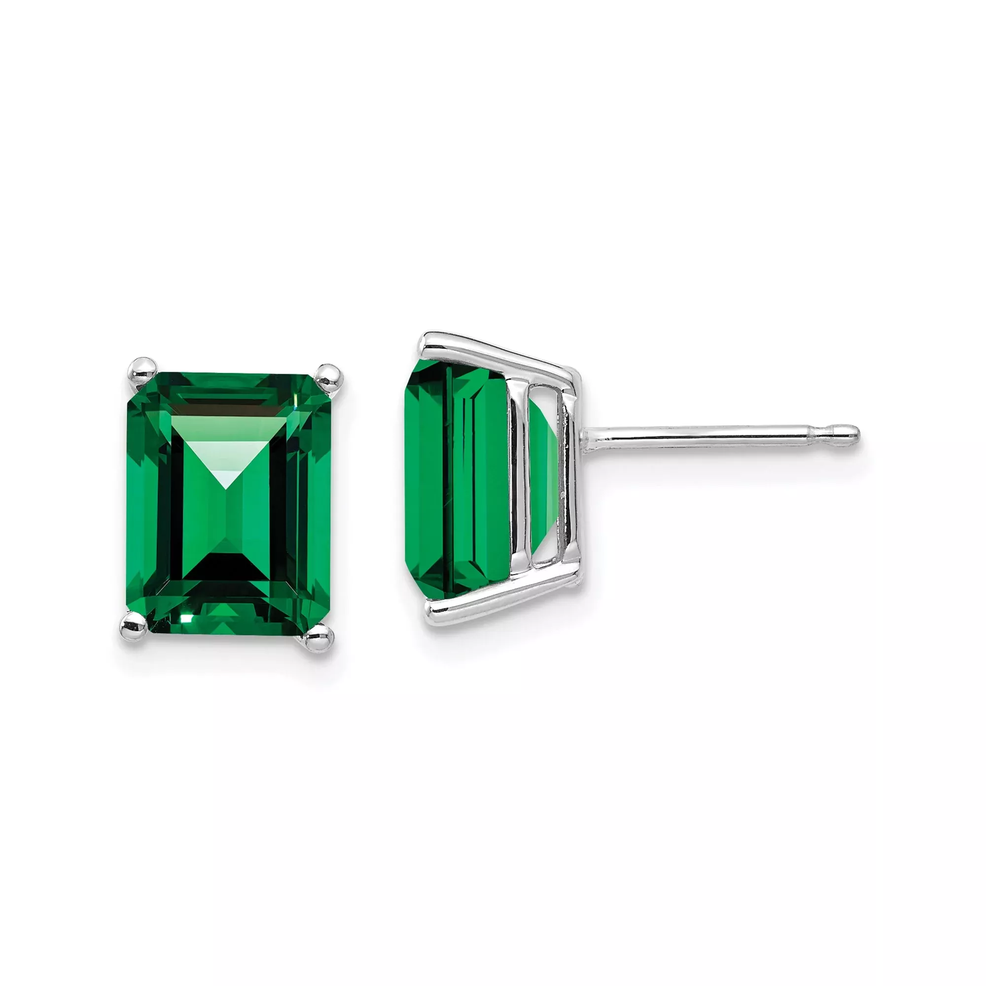 14k White Gold Stud Earrings with Emerald Cut Helenite, Minimalist Polished Design