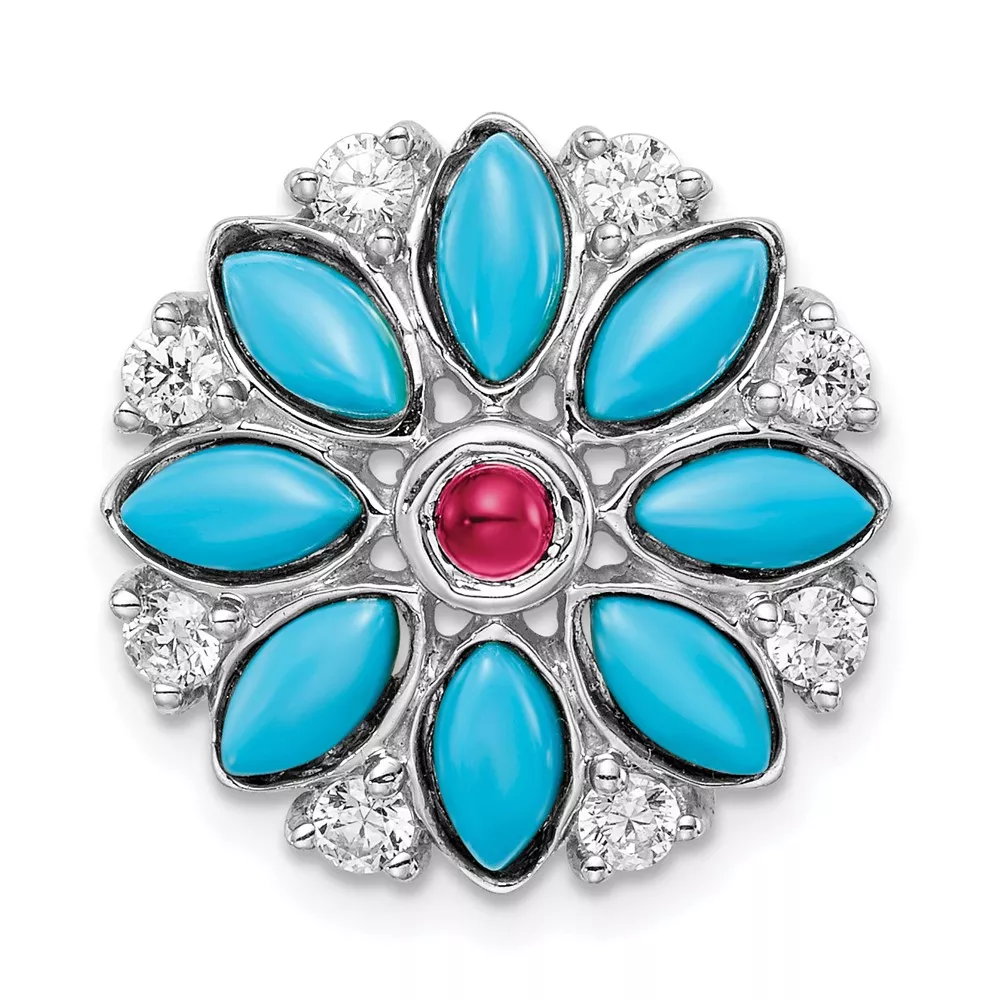 14k White Gold Turquoise/Lab Created Ruby/White Topaz Floral Chain Slide