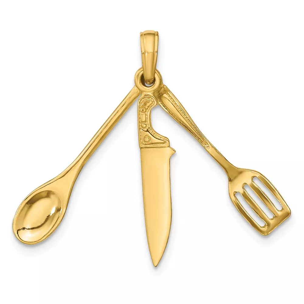 14k Yellow Gold 3-D Moveable Spatula Spoon and Knife Charm