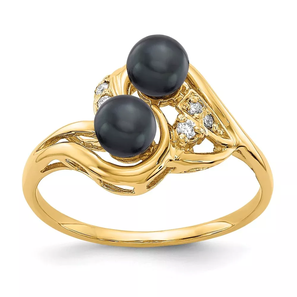 14K Yellow Gold 4.5mm Black FW Cultured Pearl AA Real Diamond ring