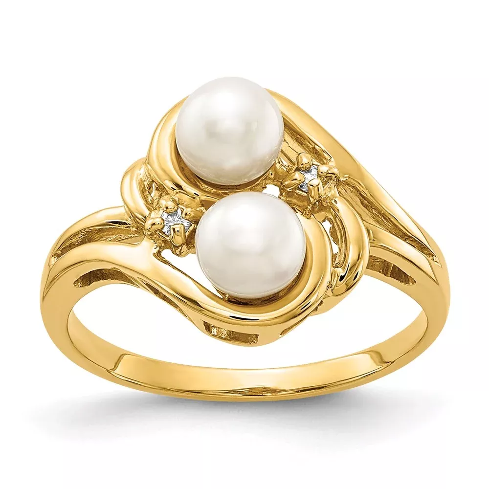 14K Yellow Gold 4mm FW Cultured Pearl VS Real Diamond ring