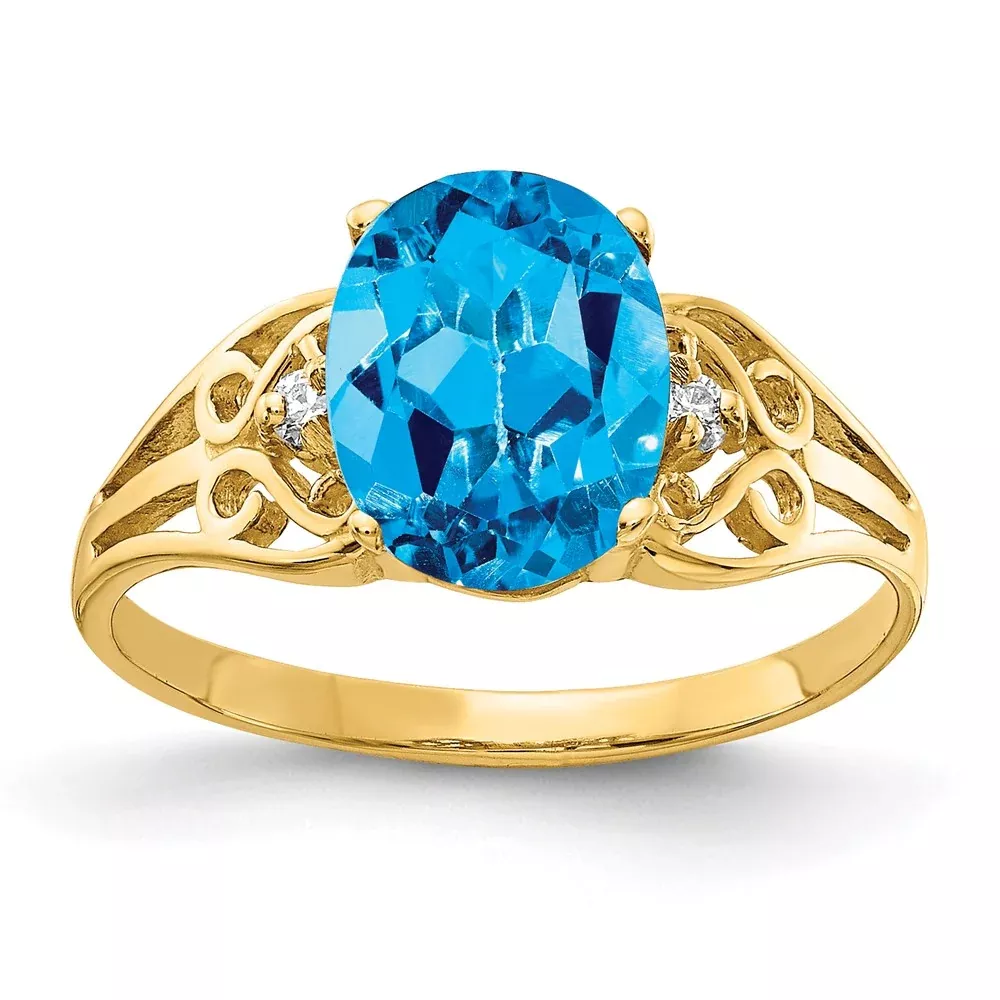 14K Yellow Gold 9x7mm Oval Blue Topaz Checker AAA Real Diamond ring